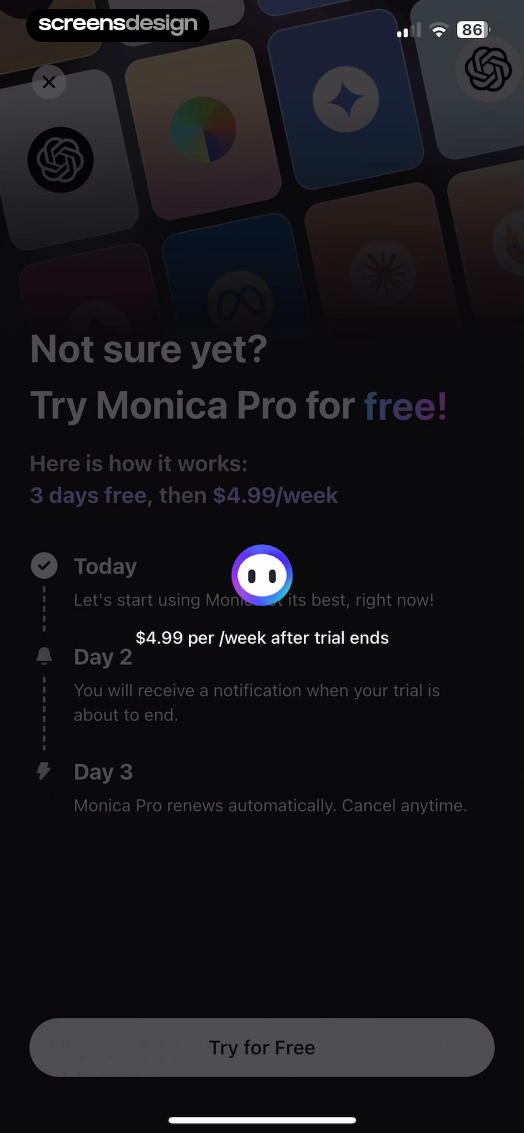 Monica Pro paywall explaining free access today, a day-two reminder, and day-three automatic renewal