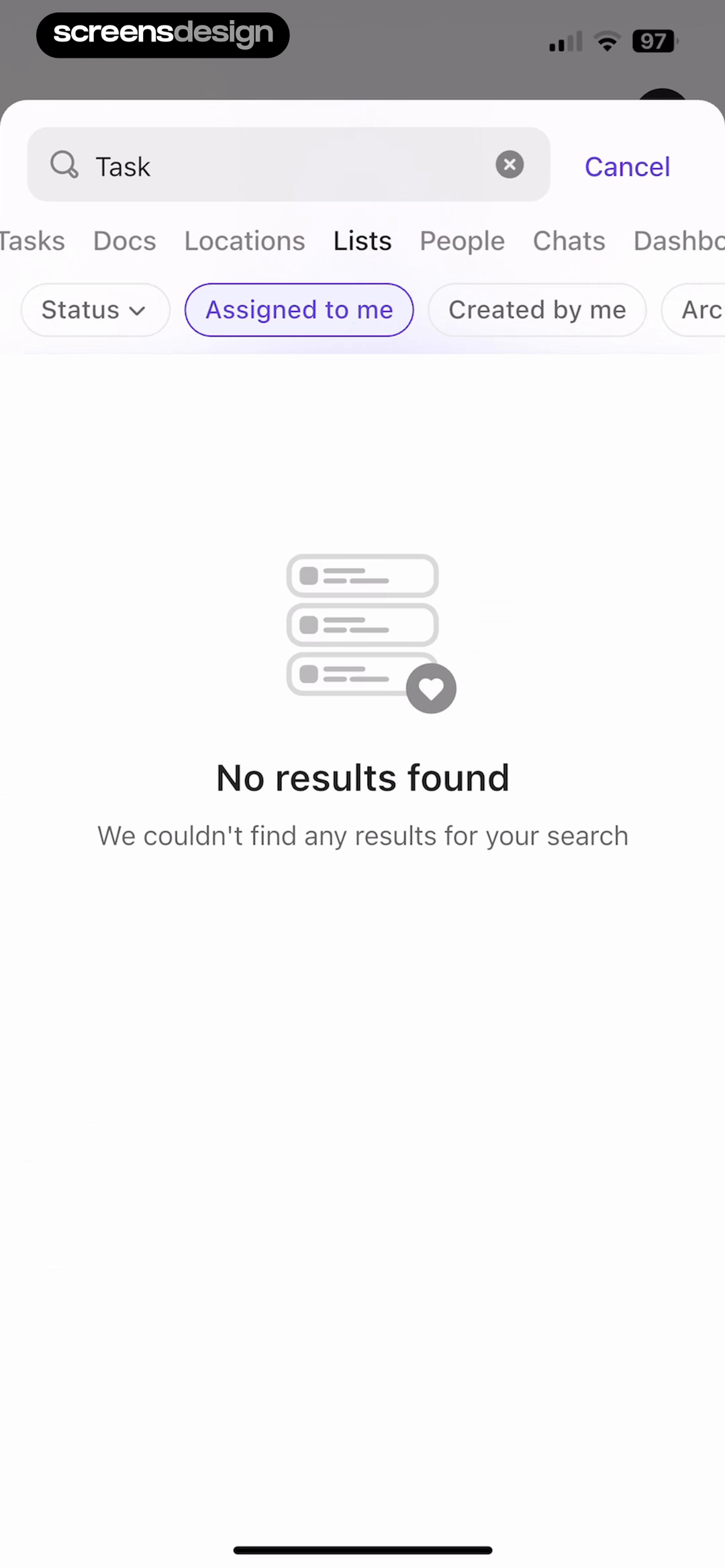ClickUp filtered search state showing no results while keeping the active filters visible