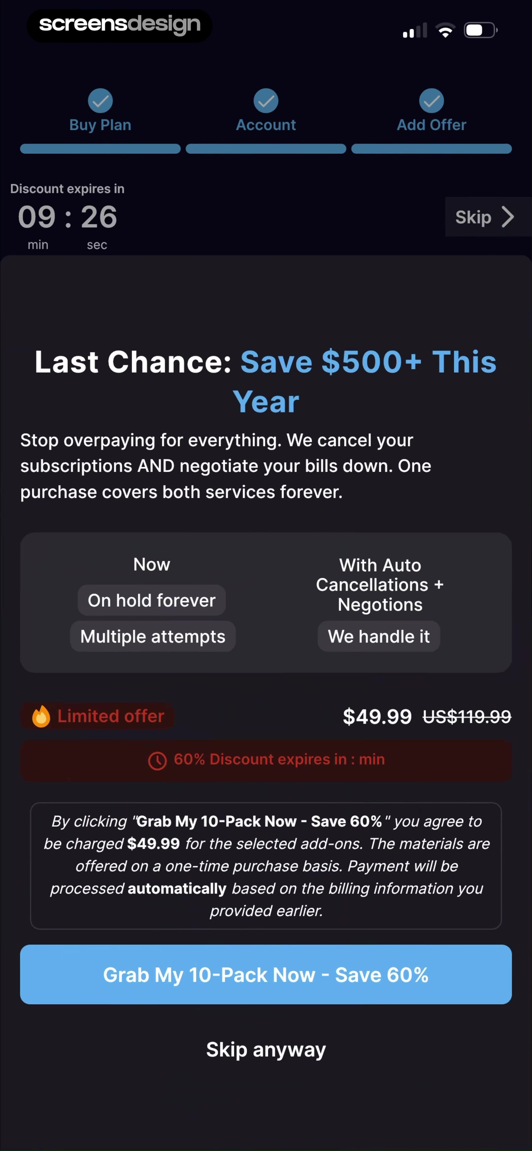 SubPilot last chance subscription offer with countdown and skip