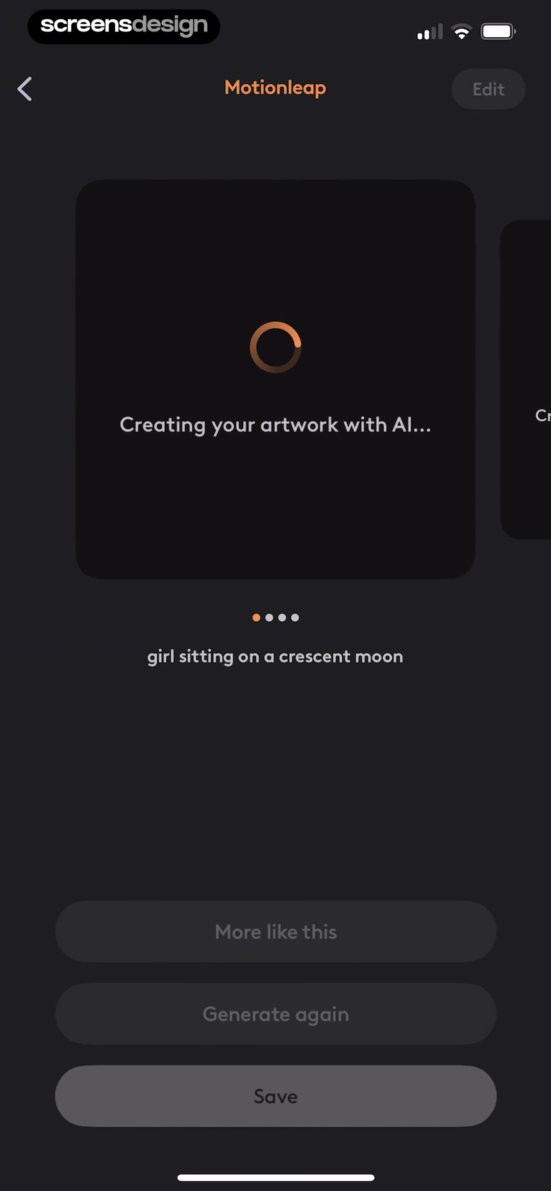 Motionleap generation screen saying Creating your artwork with AI above the retained prompt