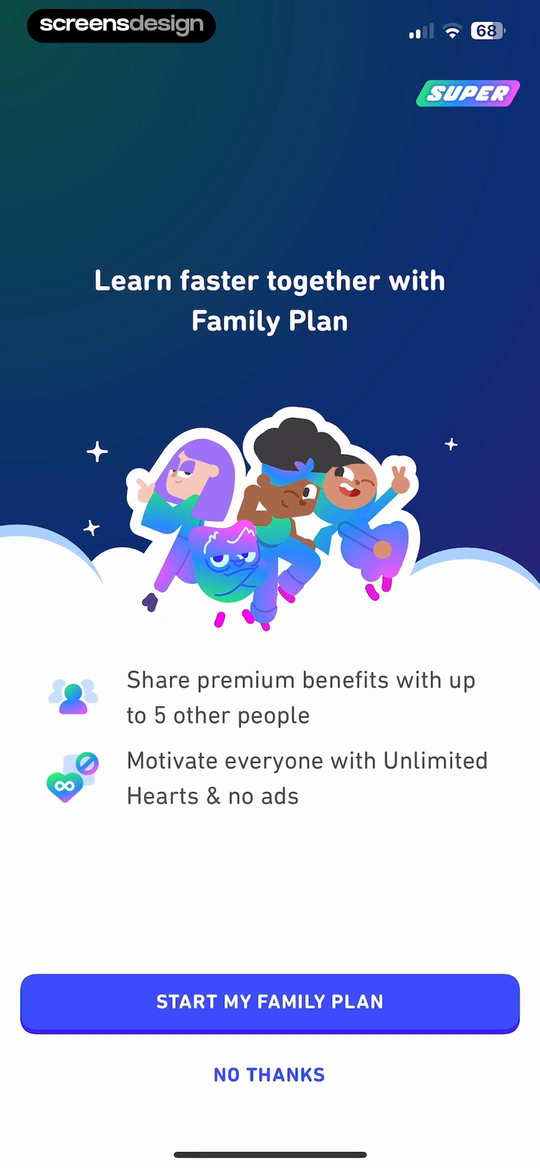 Duolingo: Language Lessons mobile app screen showing Learn faster together with Family Plan and Share premium benefits with up to 5 other people