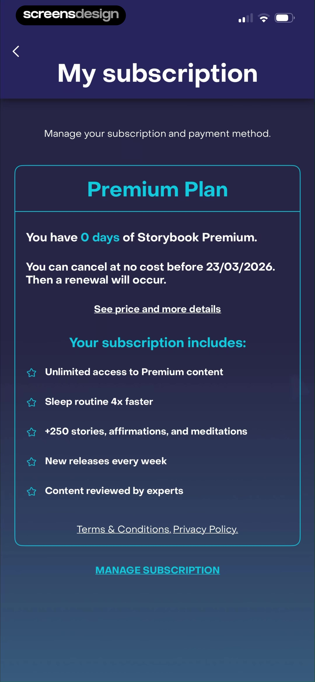 Storybook: Sleep & Meditation mobile app screen showing My subscription and Manage your subscription and payment method
