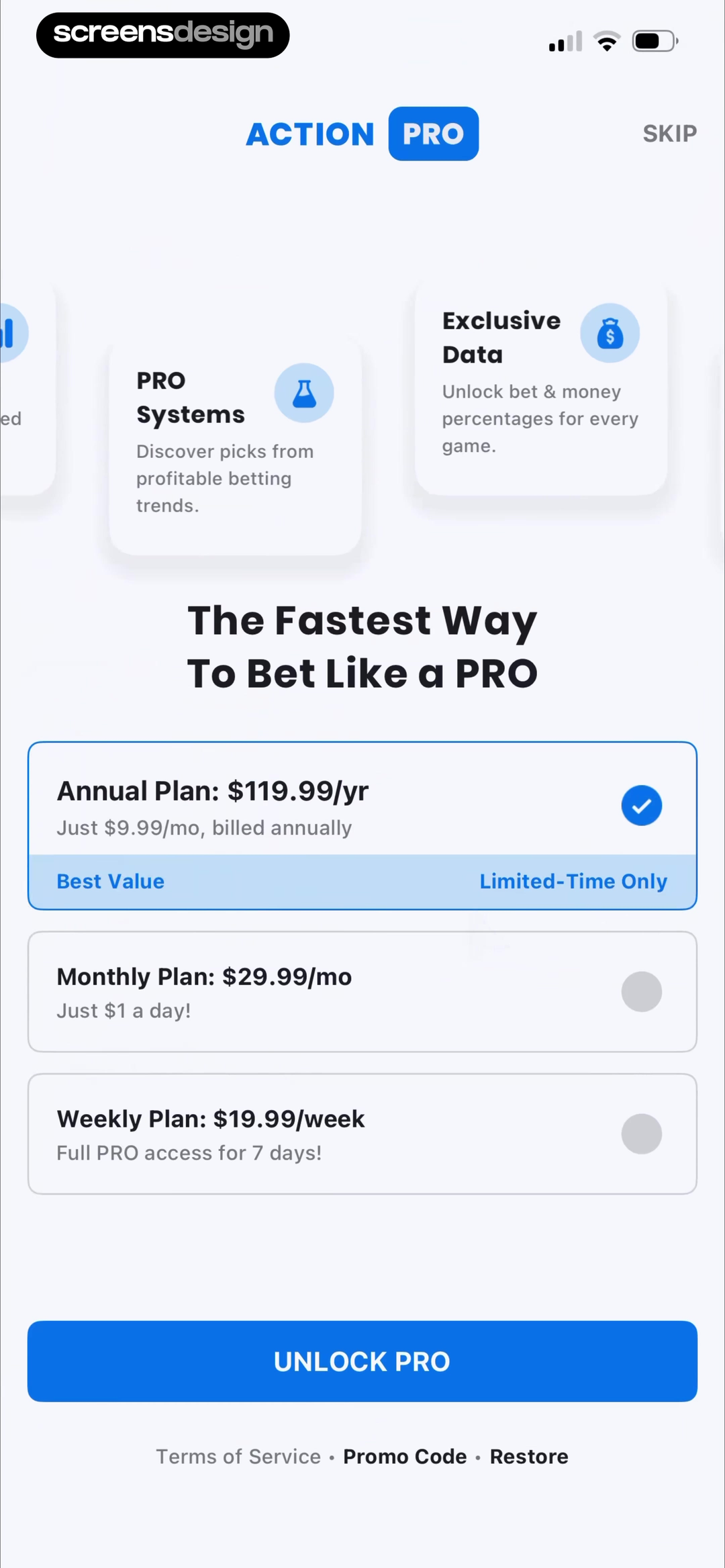 Action Network screen showing the offer connects membership to betting systems, exclusive data, expert access, and annual pricing
