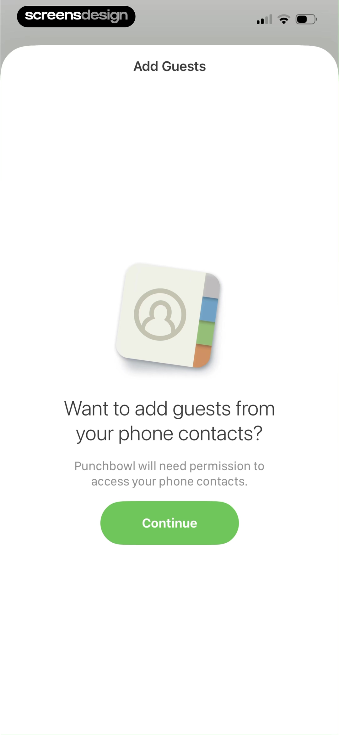 Punchbowl contacts pre-permission screen inside the add-guests flow