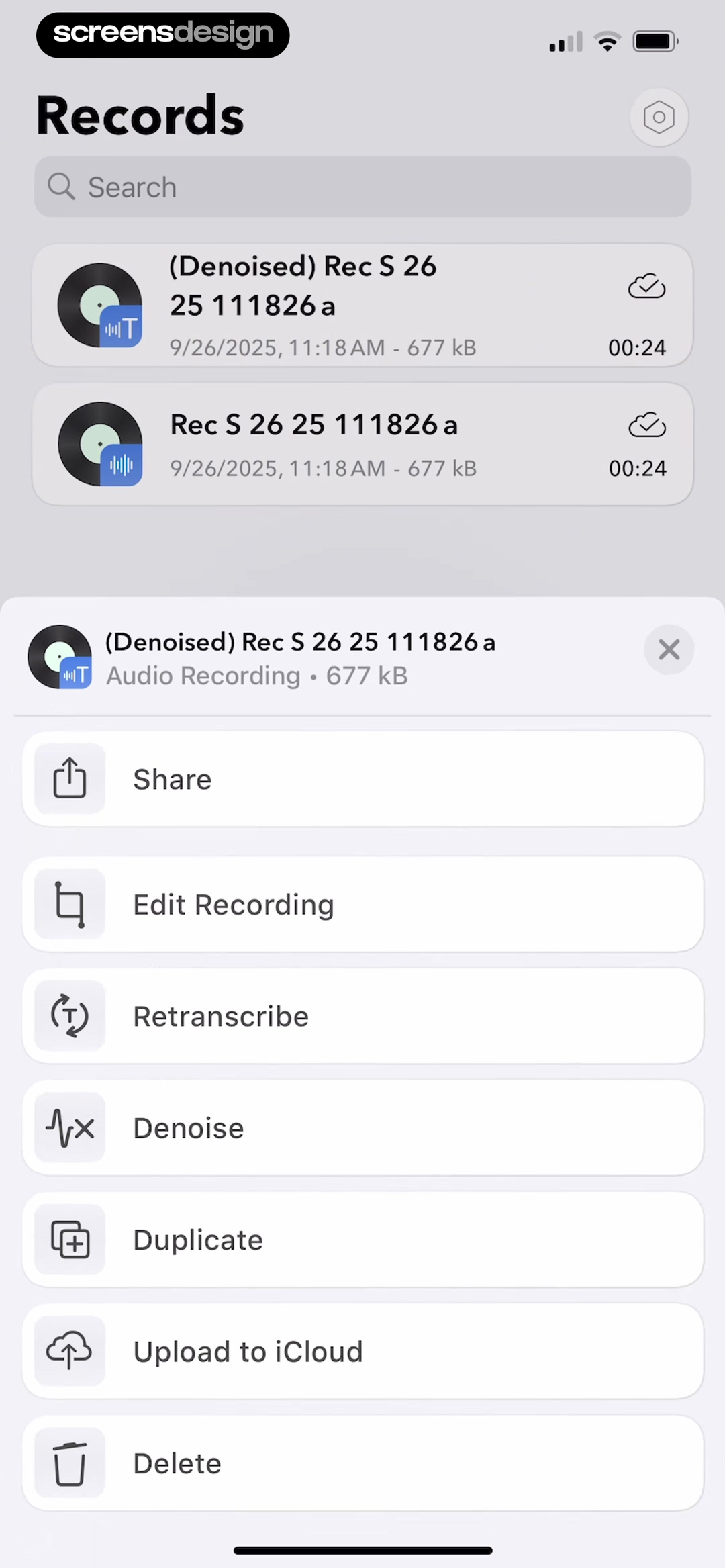 Voice Recorder records library with search and audio metadata