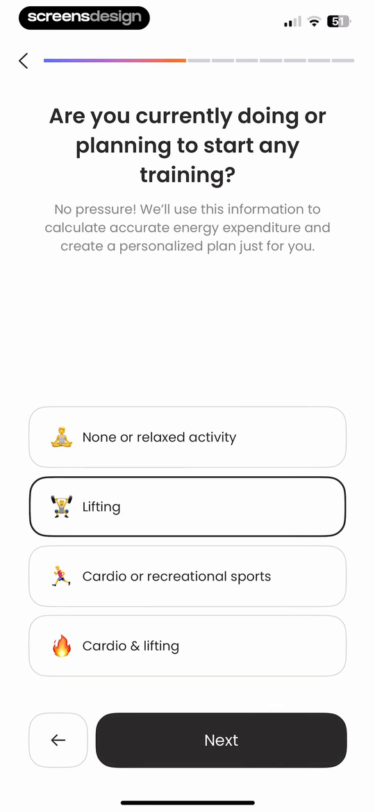 Numify onboarding asking about current training activity