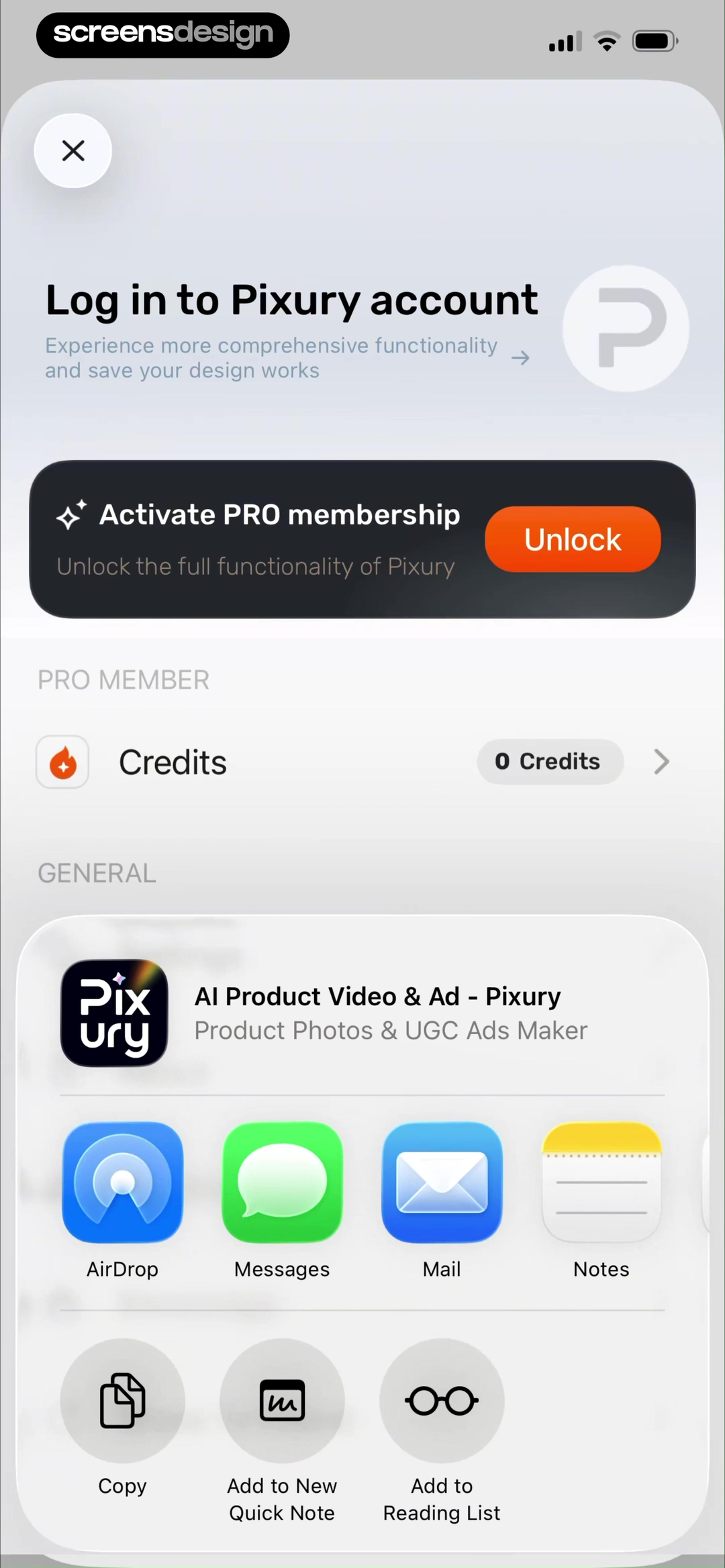 AI Product Video & Ad screen showing account login, saved work, Pro activation, and the current credit balance share one profile state