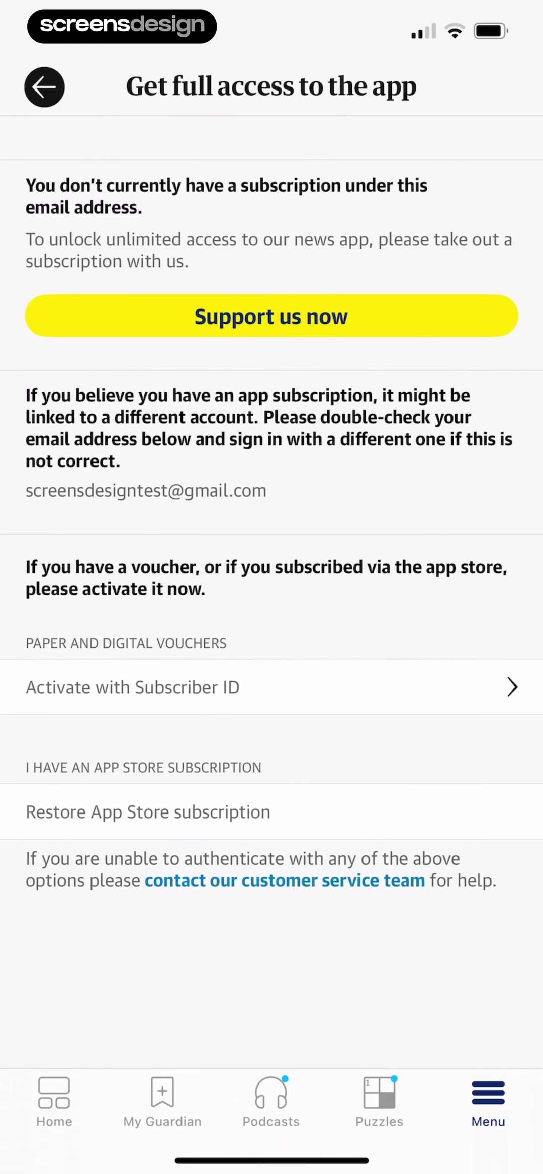 The Guardian - US & World News mobile app screen showing Get full access to the app and You don't currently have a subscription under this email address