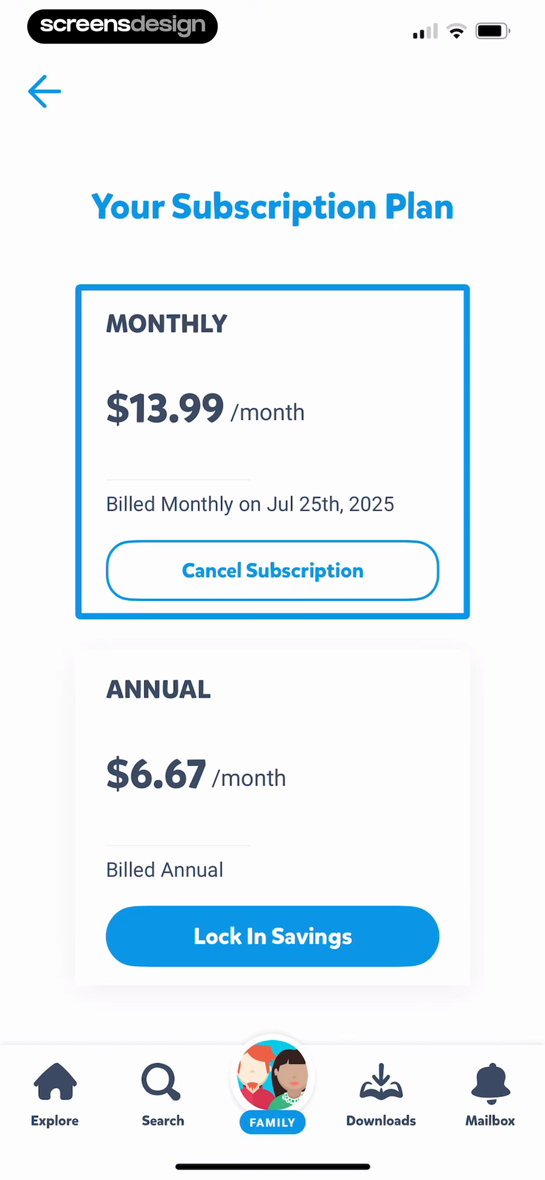 Epic - Kids' Books & Reading screen showing monthly and annual billing are shown together with the next monthly charge and the annual equivalent.