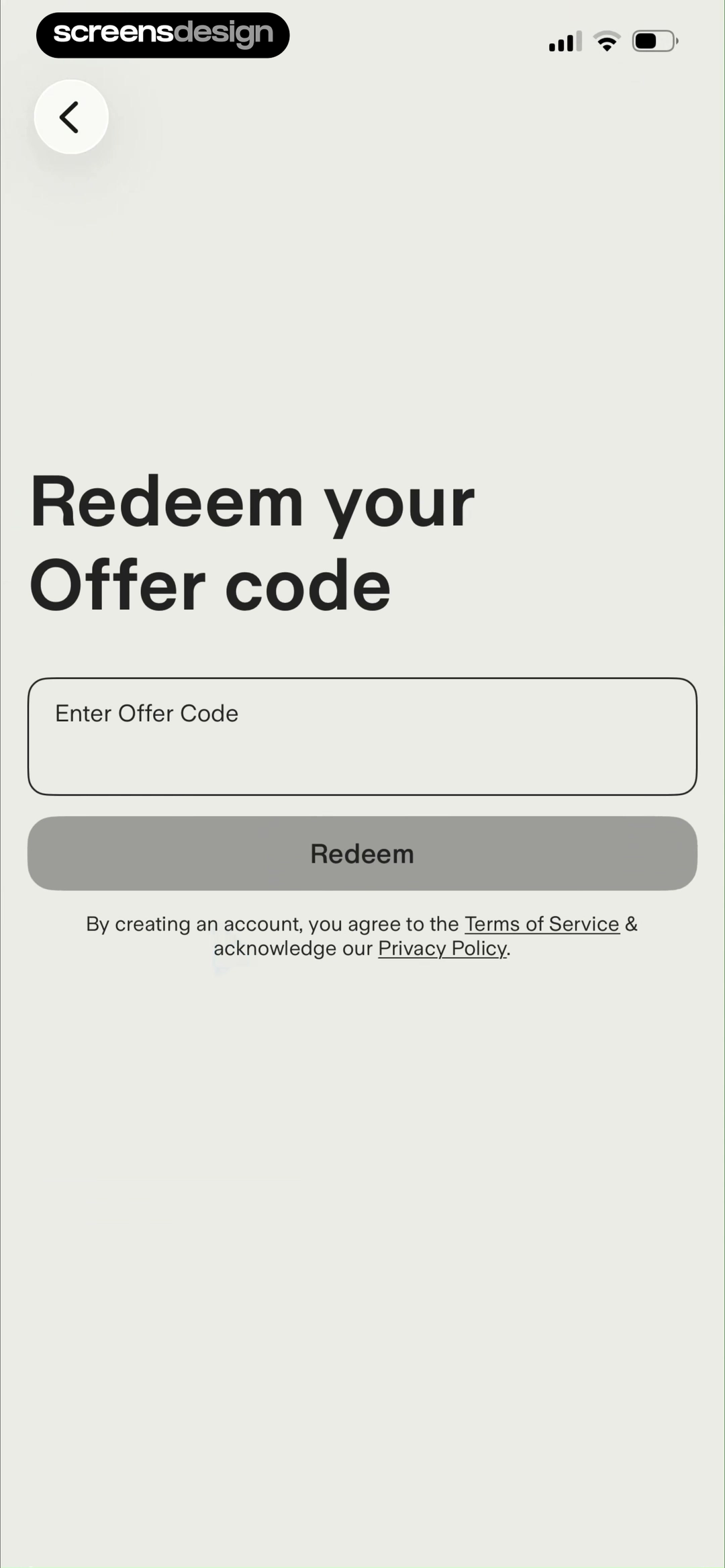 Ground News screen showing offer-code redemption is connected to account creation and the required terms acknowledgement.