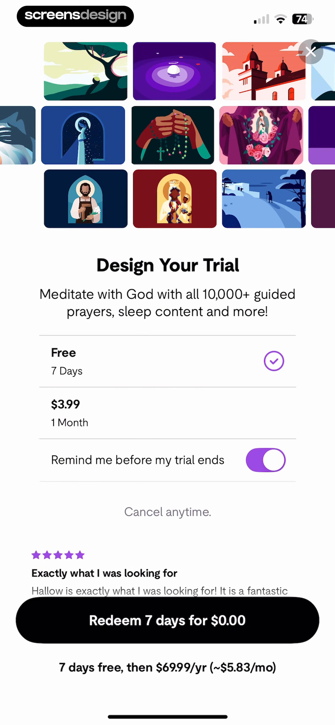 Hallow subscription screen with trial choices and renewal terms