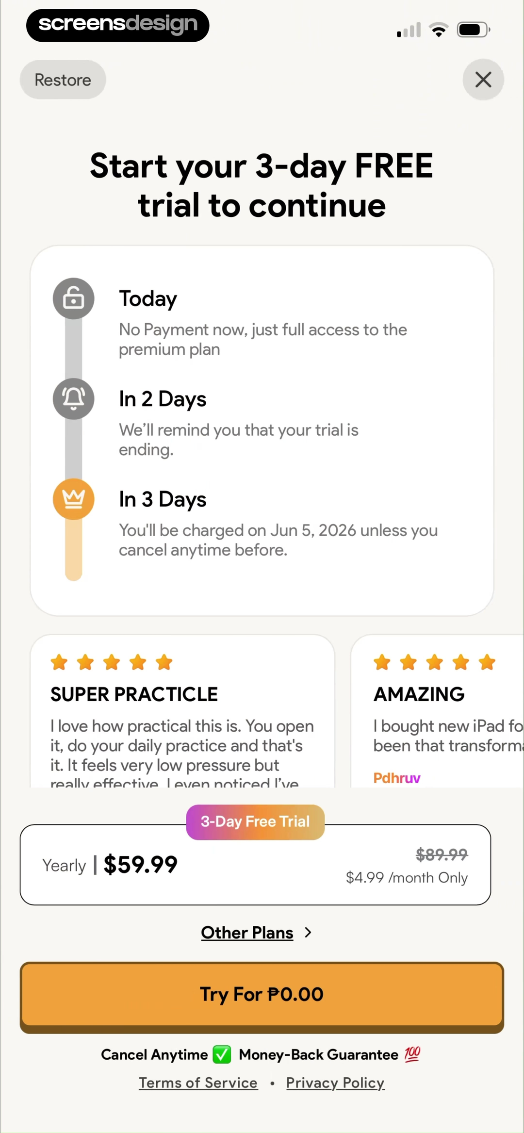 PatterAI paywall showing a three-day trial timeline and yearly price