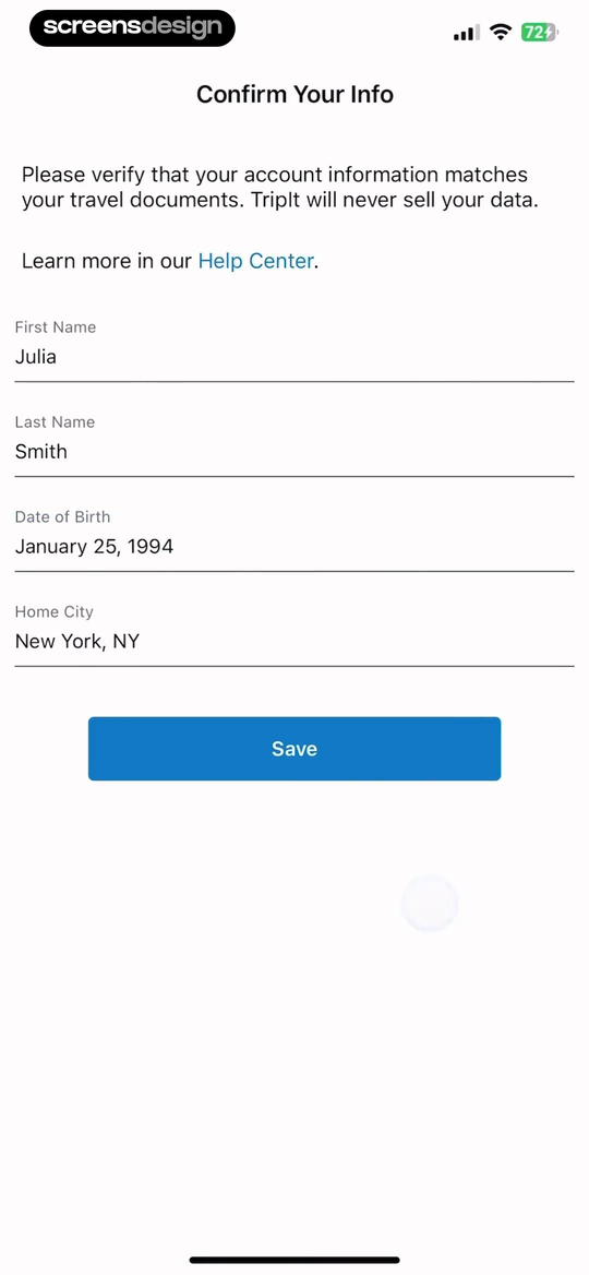 TripIt Confirm Your Info screen with instructions, privacy context, four labeled fields filled with realistic data, and Save