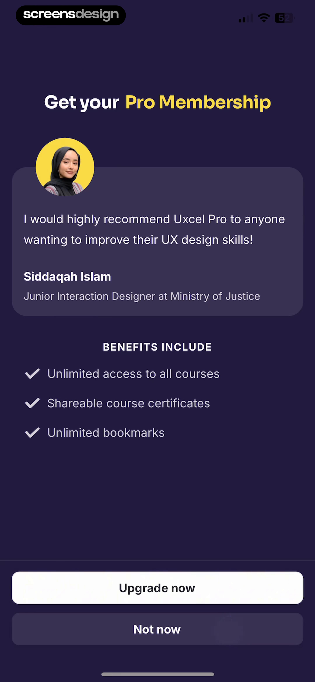 Uxcel screen showing a named testimonial supports a concise list of courses, certificates, and bookmark benefits