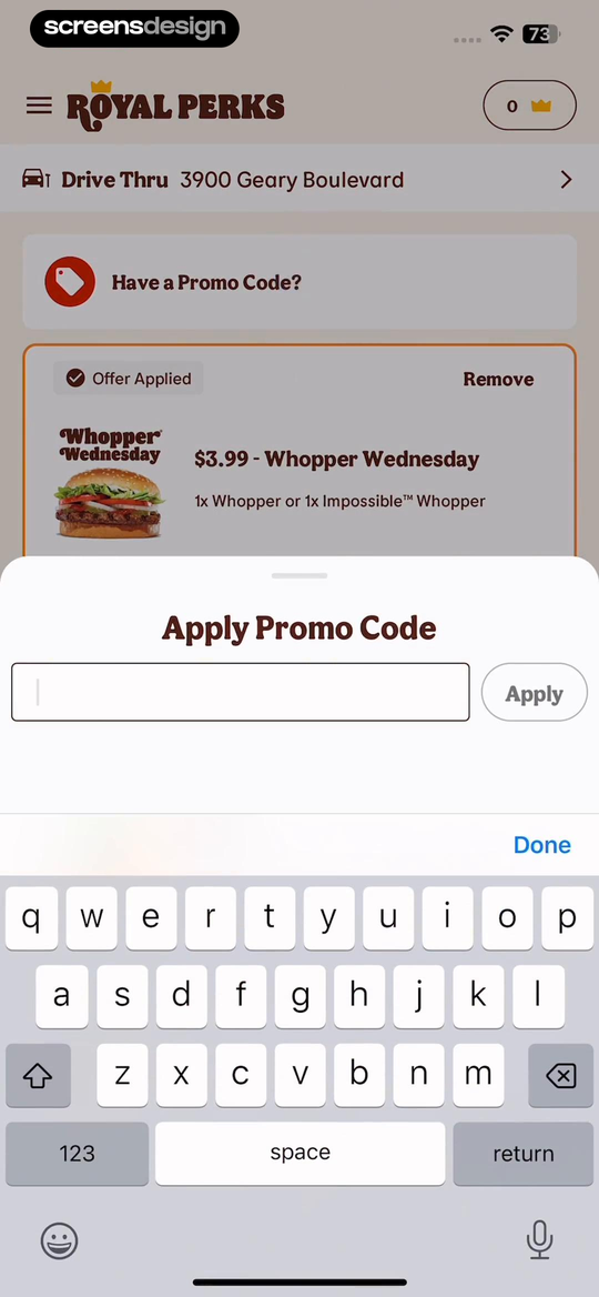 BURGER KING® App screen showing offer Applied, Remove, item details, and price show the result of the code rather than stopping at a success toast.