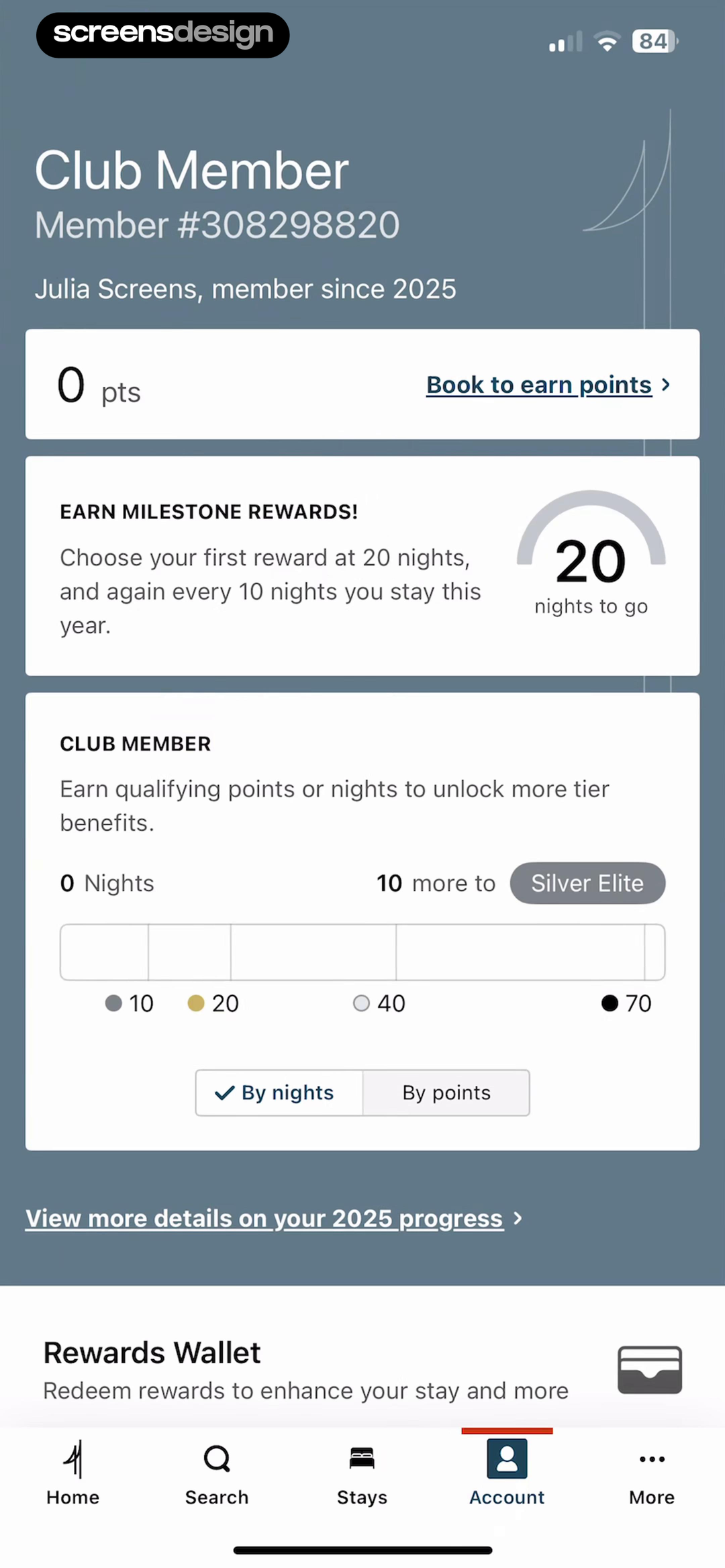 IHG One Rewards: Book Hotels screen showing points, nights, the next tier, and milestone reward cadence are visible from the member overview.