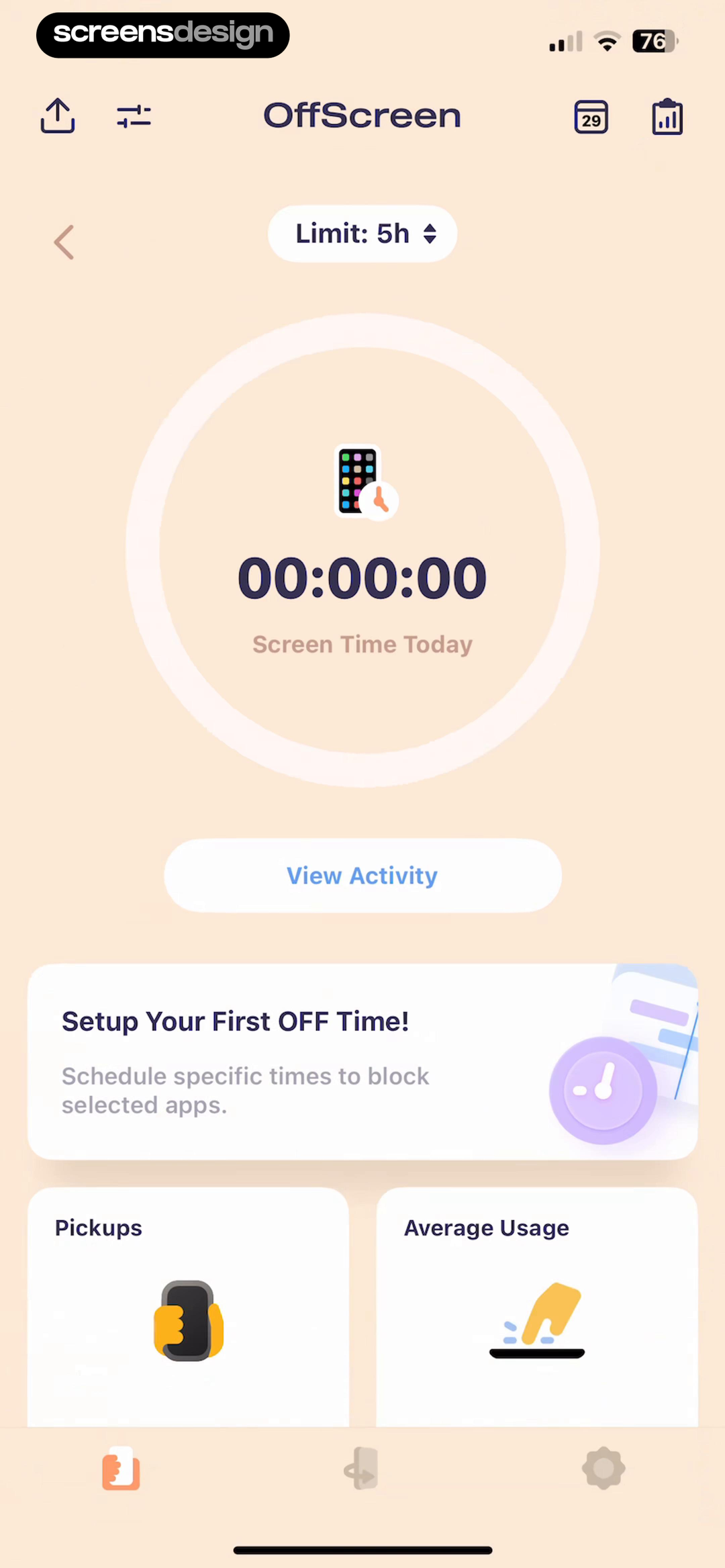 OffScreen home showing today's screen time limit activity schedule pickups and average usage
