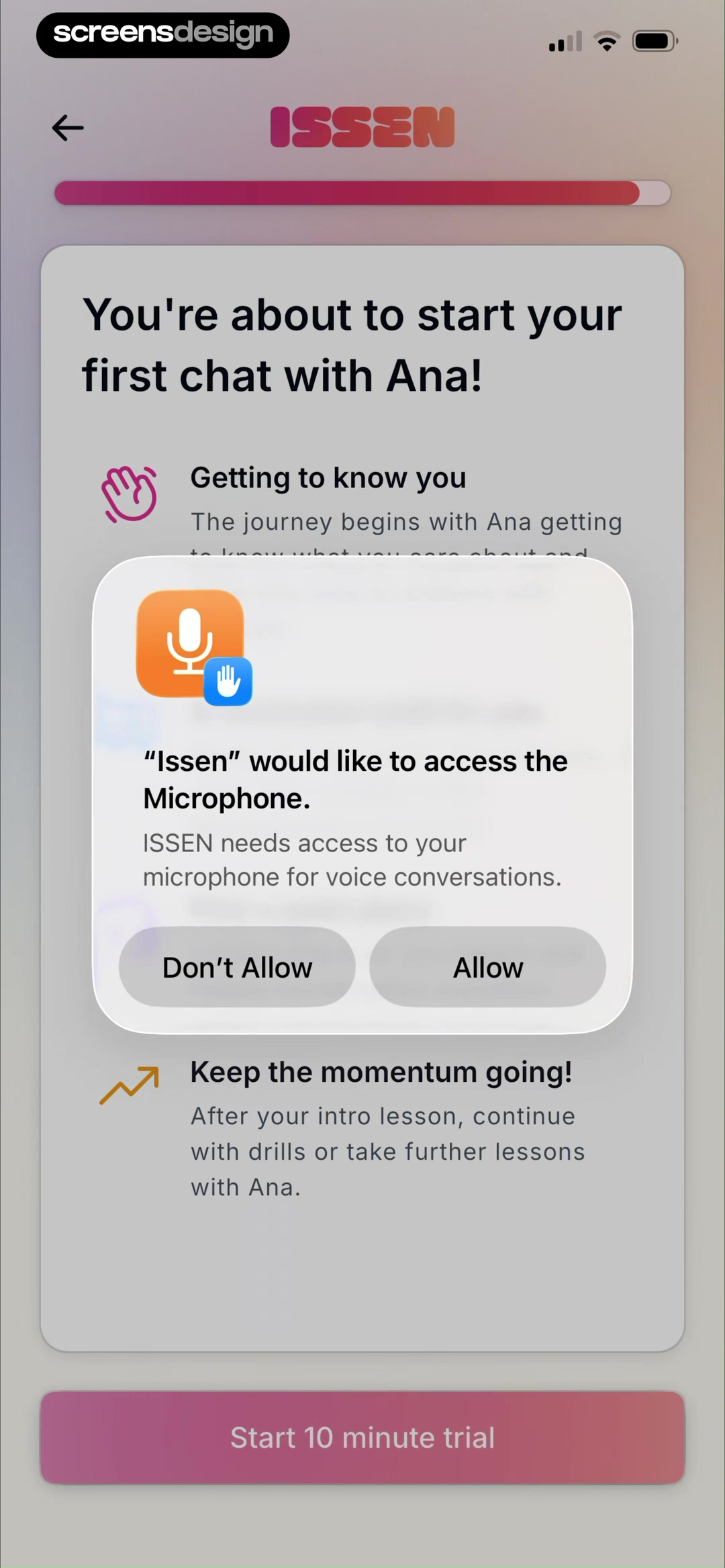 ISSEN first-chat screen with an iOS microphone permission request for voice conversations
