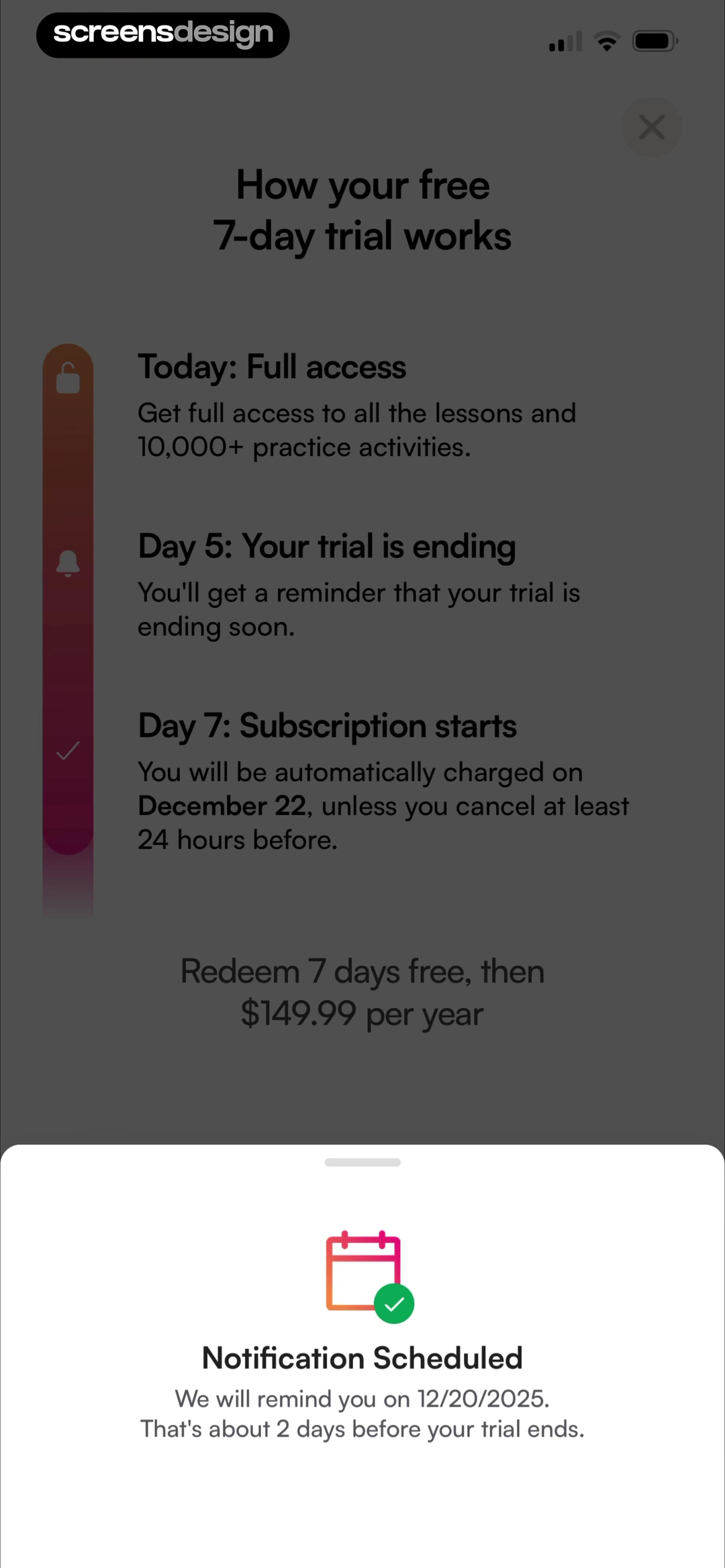 BoldVoice free trial guide with access, reminder, subscription milestones, annual price, and reminder confirmation