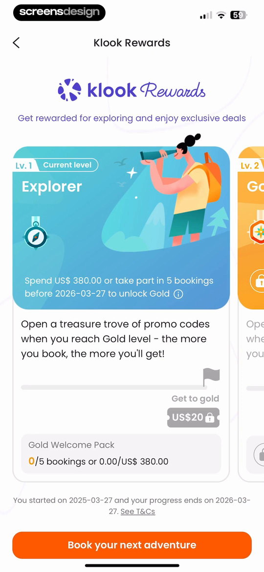 Klook: Travel & Activities screen showing explorer status is tied to spend or booking progress, a deadline, Gold, and a concrete welcome pack.