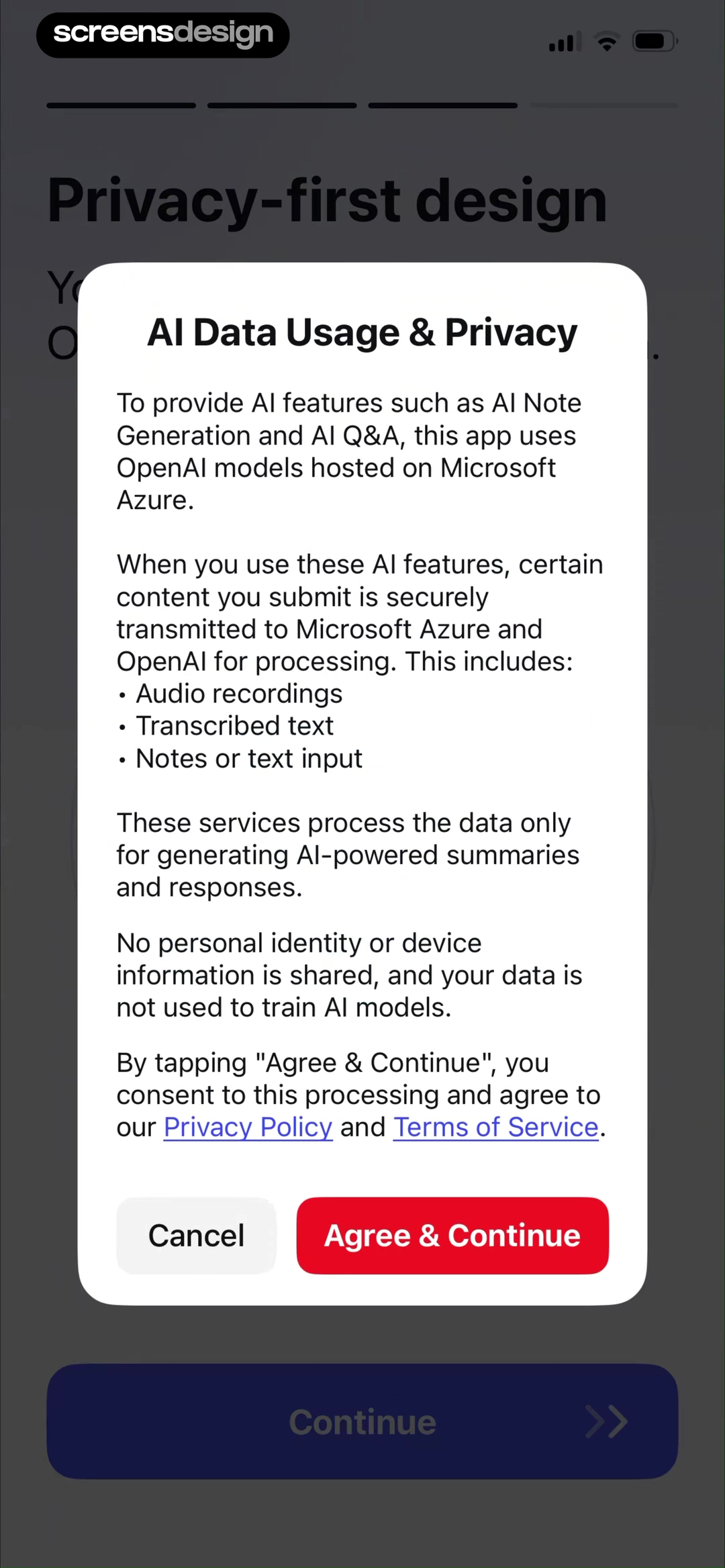 HiNoter AI Data Usage and Privacy sheet listing audio recordings, transcripts, notes, and text input