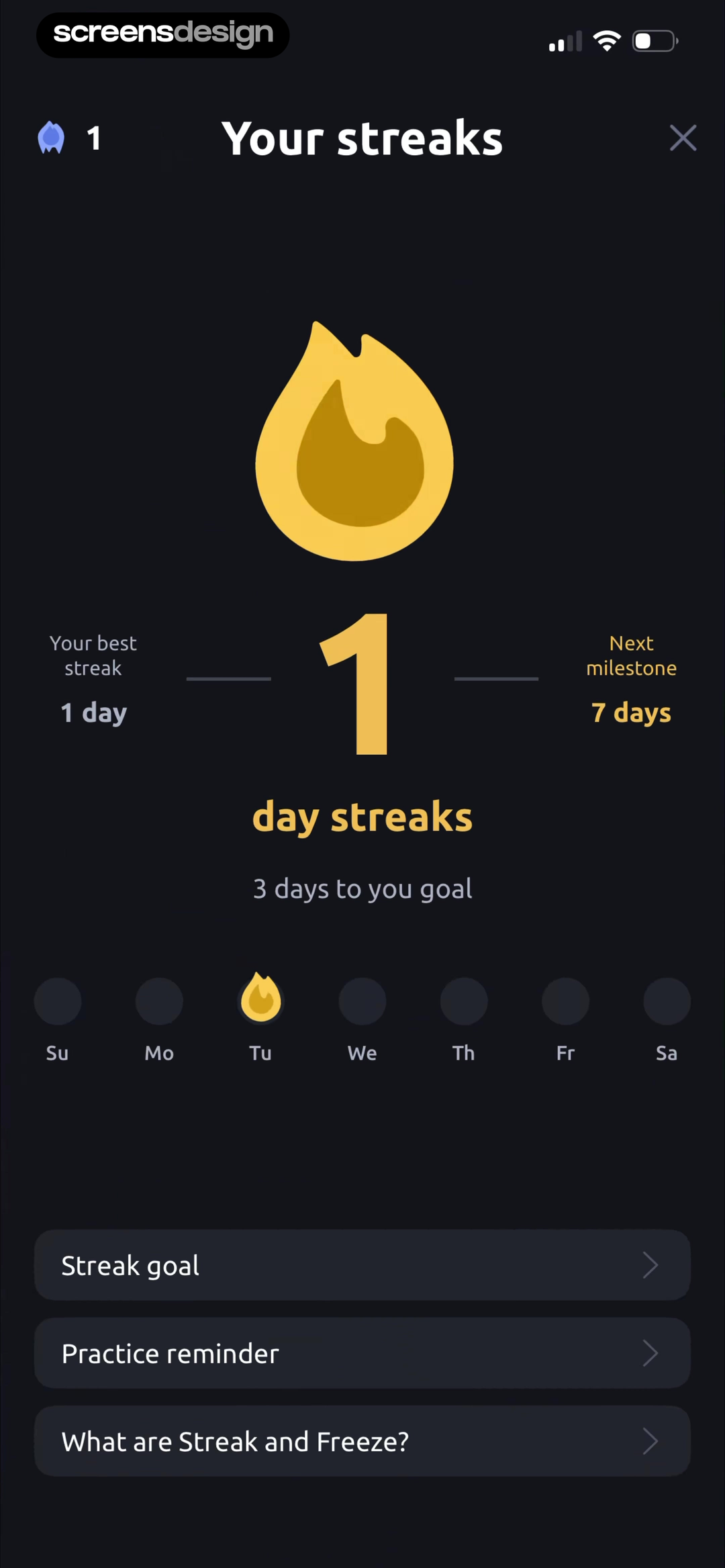 Vocal Image screen showing current and best streaks lead to the next seven-day milestone and days remaining