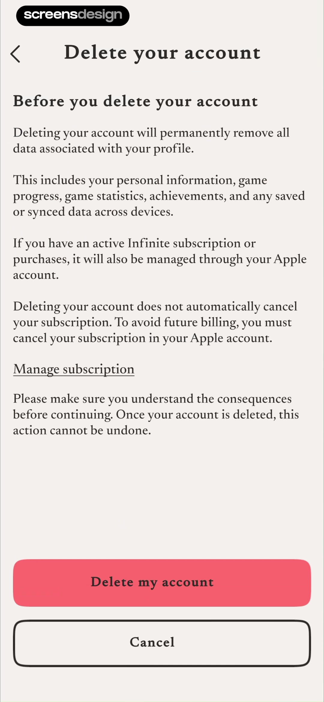 The Almanac screen showing personal data, game progress, achievements, synced records, and Apple-managed subscription are separated