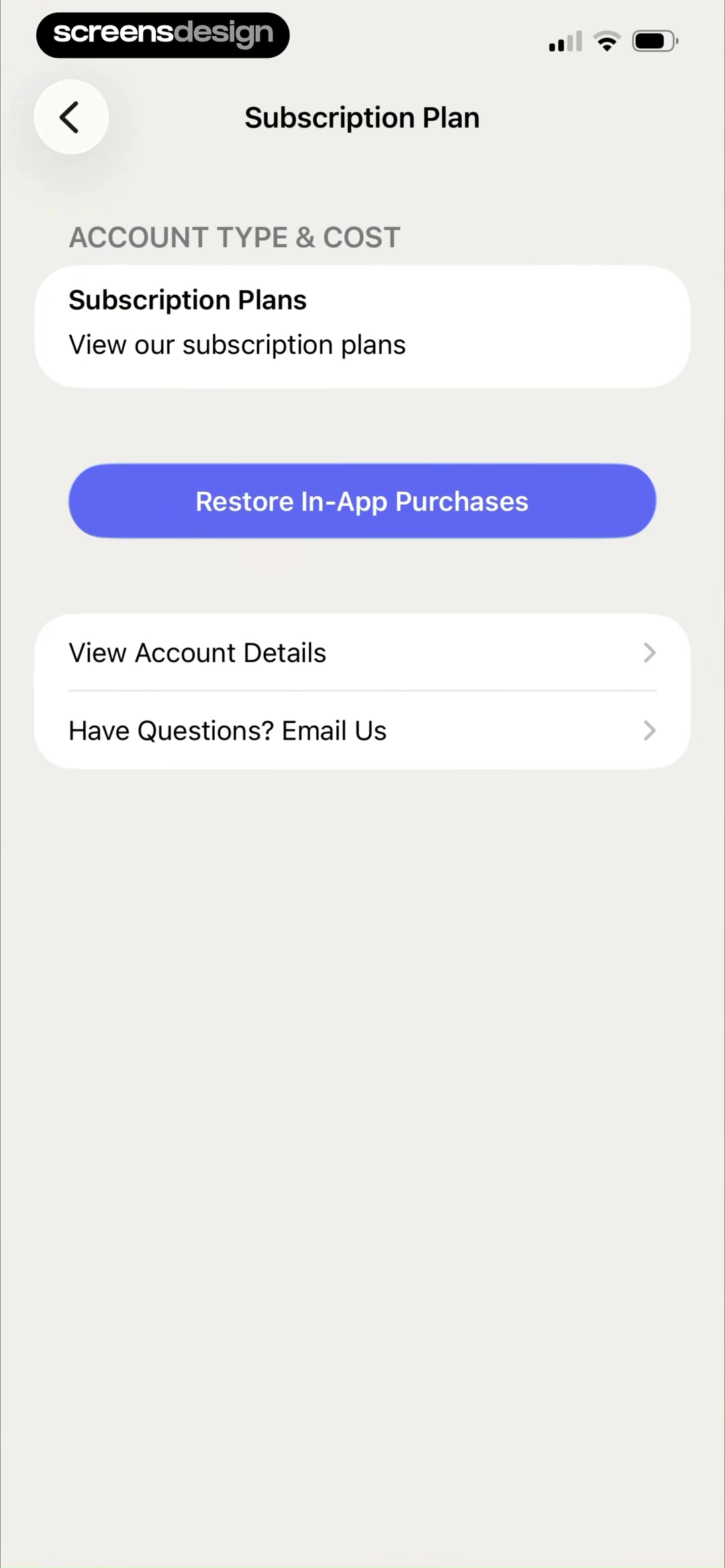 Backstage - Casting Calls screen showing restore In-App Purchases is grouped with account type, cost, plan browsing, account details, and support.