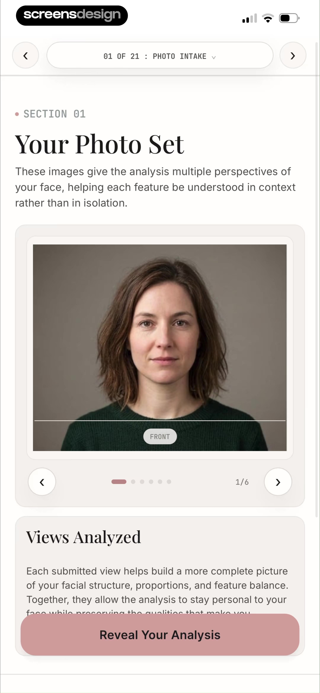 Refina photo intake screen describing multiple facial views