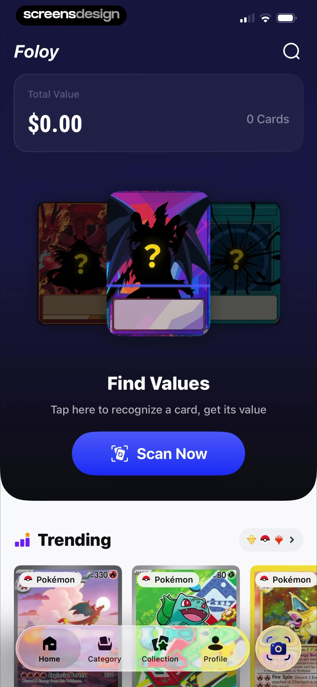 Foloy trading card scanner home with total value and scan now