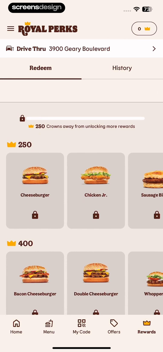 BURGER KING® App screen showing royal Perks connects crown thresholds to named food rewards and keeps History beside Redeem.