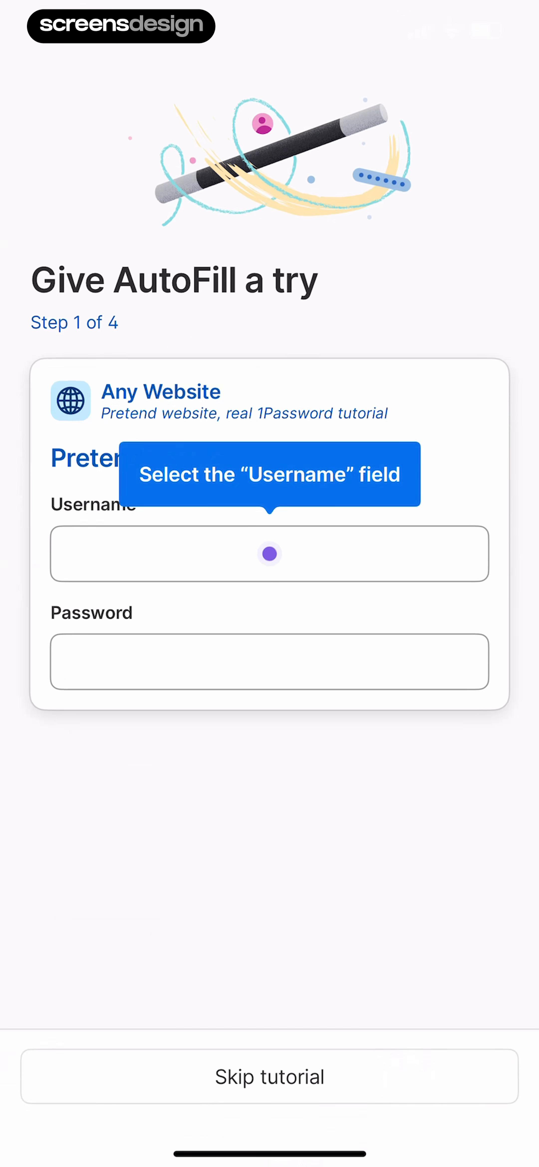 1Password AutoFill rehearsal step one asking the user to select the username field