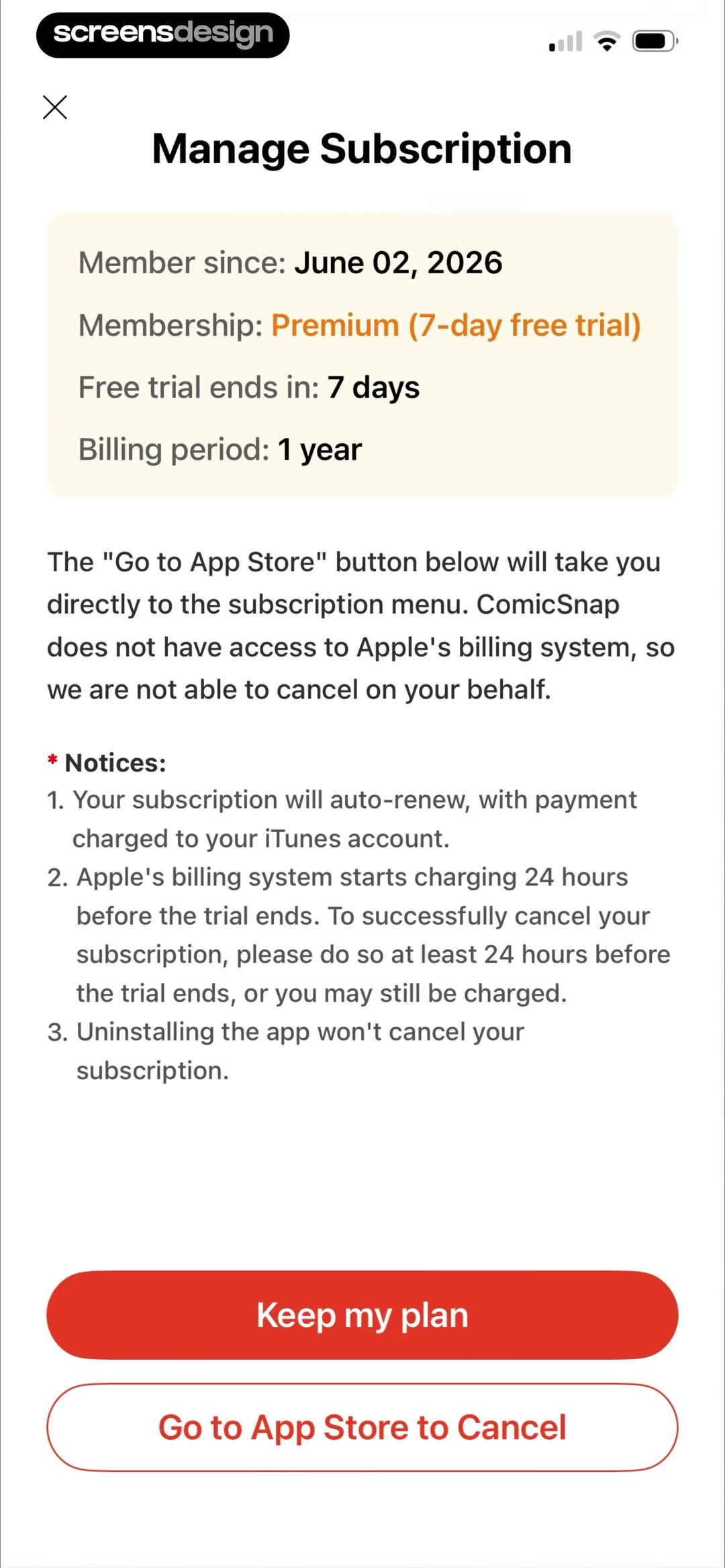 ComicSnap screen showing the management screen combines auto-renewal facts with Keep my plan and external cancellation