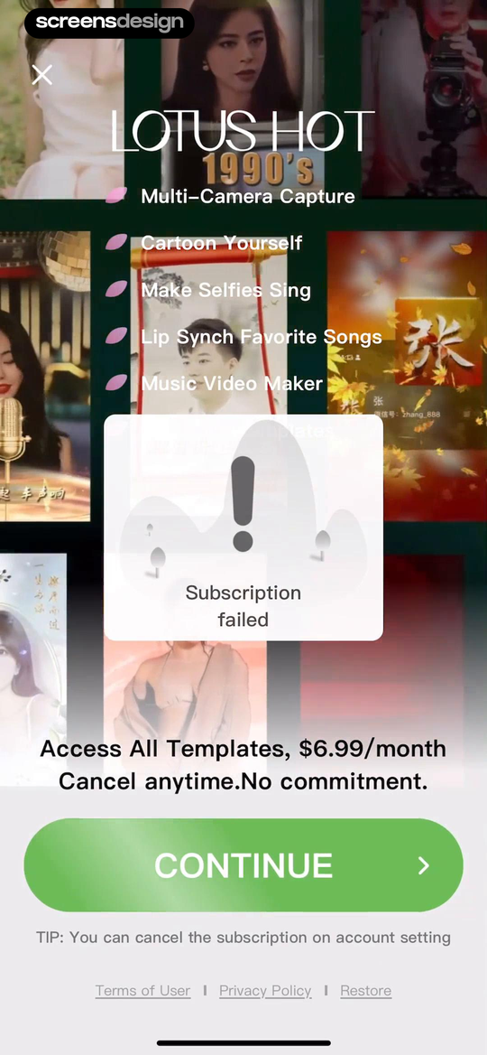 Lotus - AI Photo Face Animator screen showing the failure appears over the premium feature gallery, preserving the reason the person attempted to subscribe.