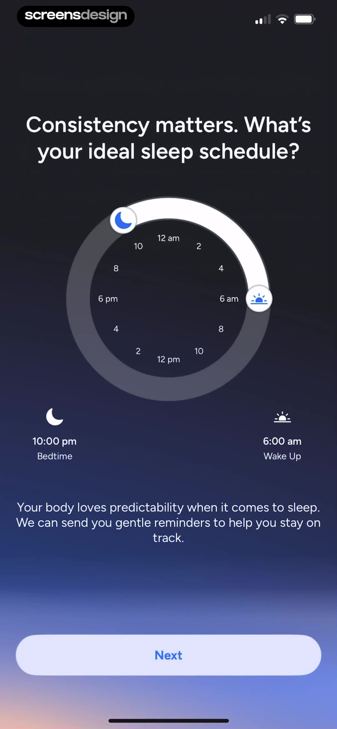 Calm Sleep - Rest & Relax screen showing ideal sleep schedule is asked on a full-day timeline after a short explanation about consistency.