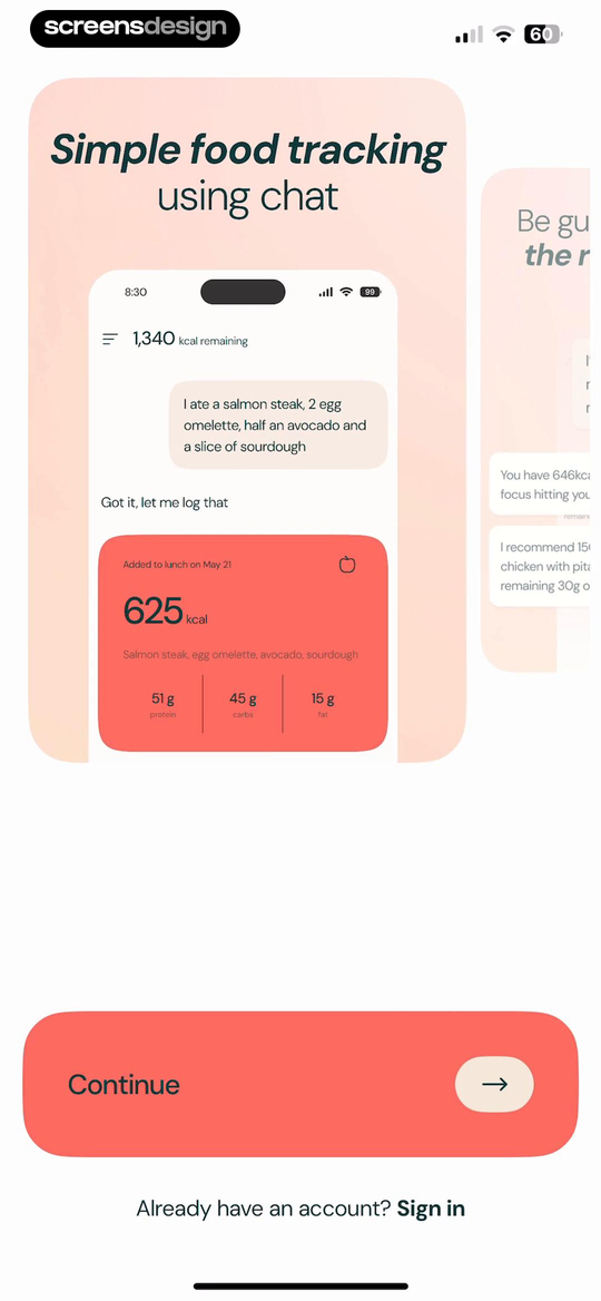 Welling onboarding screen demonstrating food tracking through a chat exchange