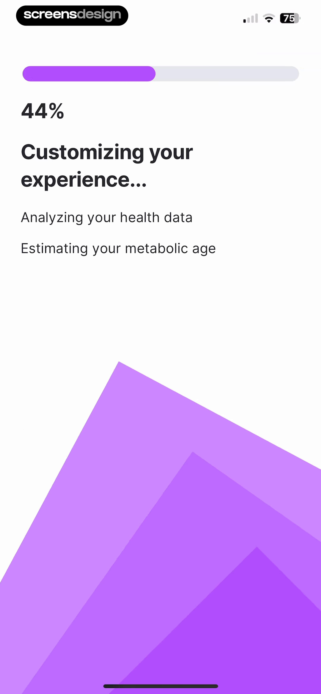 Fitself onboarding loading screen at 44 percent listing health analysis and metabolic age