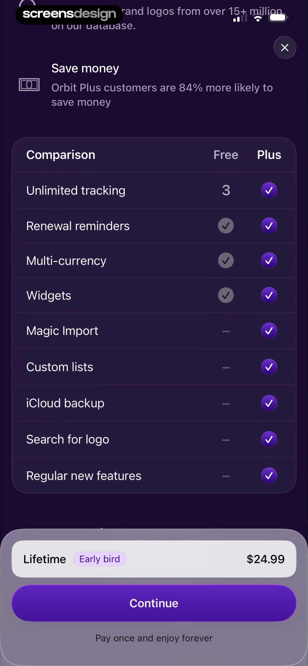 Subscription Manager: Orbit screen showing free and Plus are compared through tracking, reminders, currencies, widgets, and import capabilities.