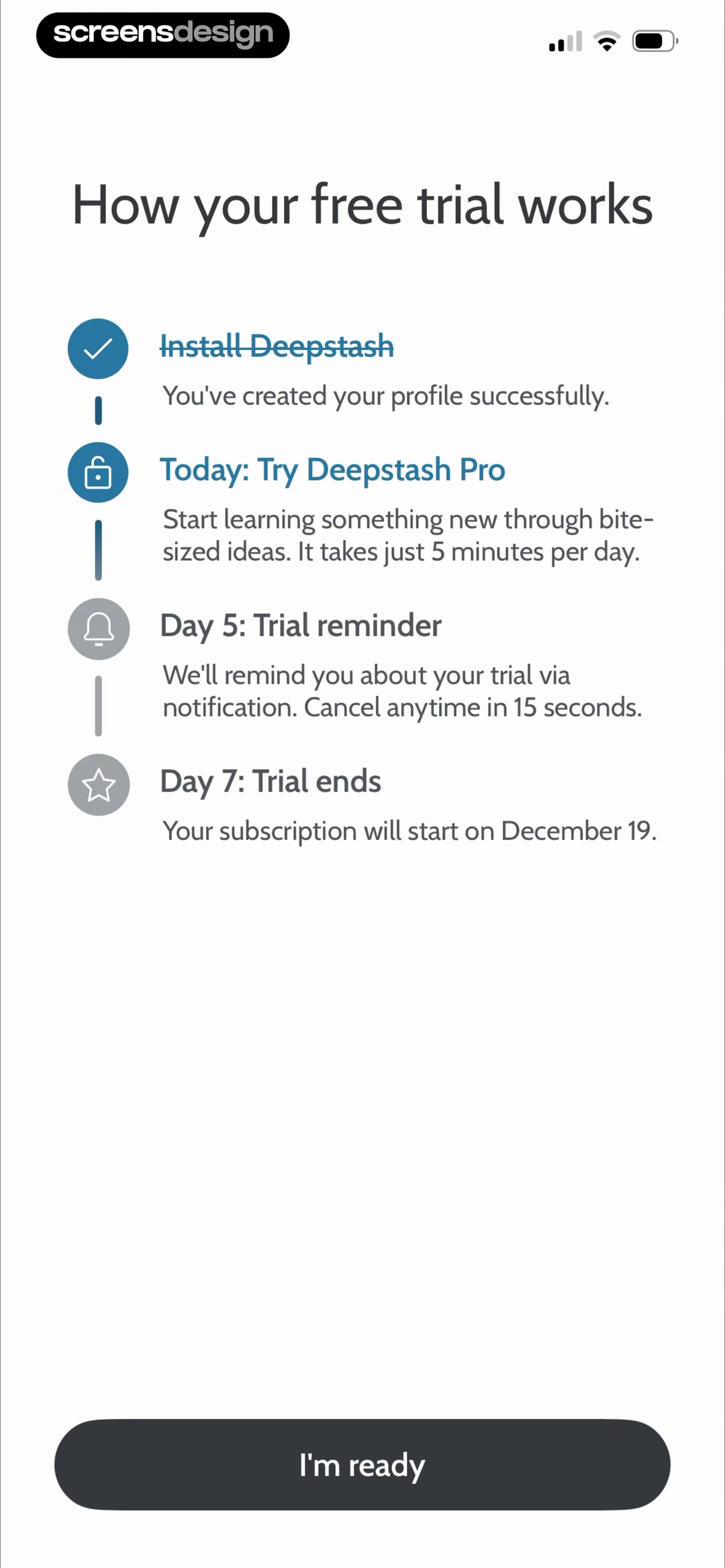 Deepstash screen showing the seven-day trial is tied to a five-minute daily learning routine and a dated subscription start