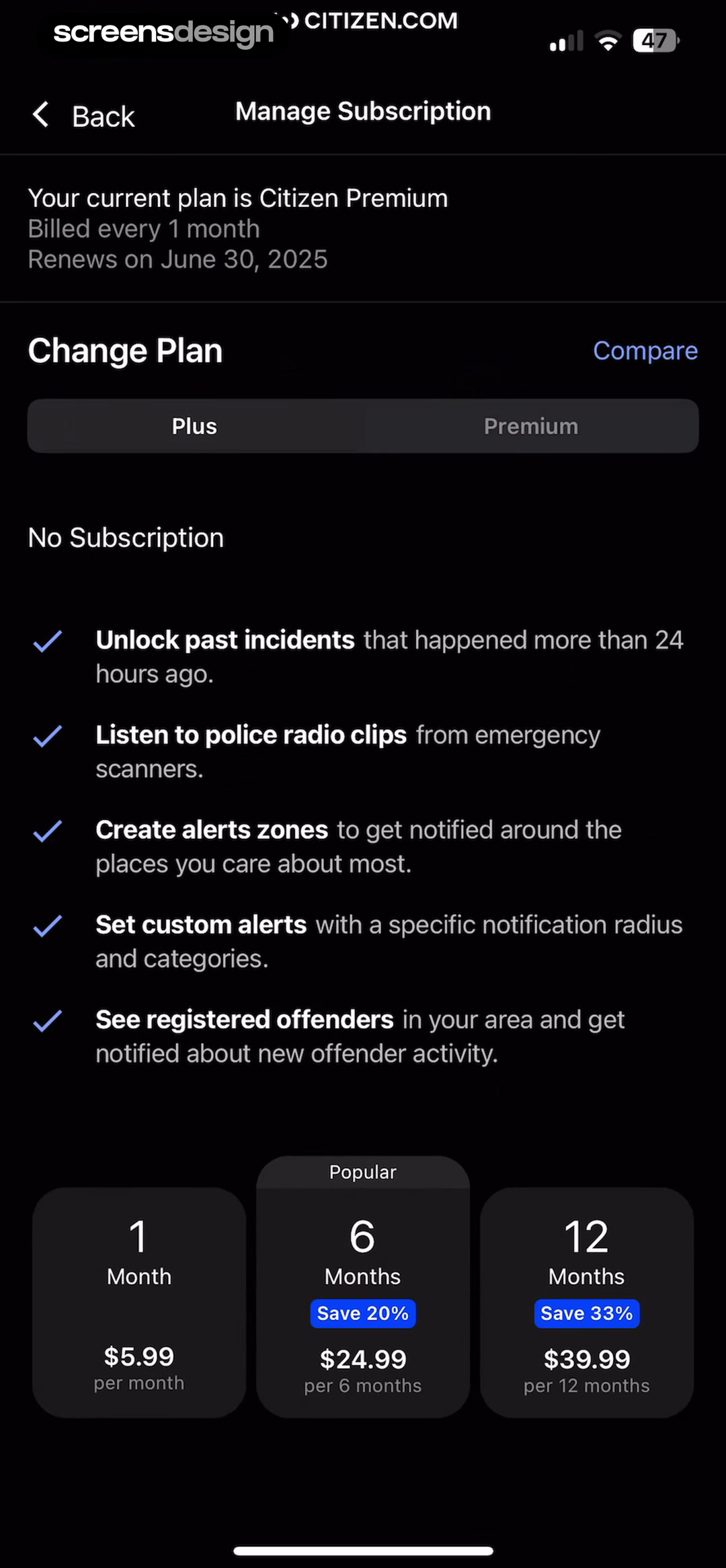 Citizen: Safety & Live Video screen showing current plan, billing frequency, renewal date, Change Plan, and a Plus versus Premium comparison stay connected.