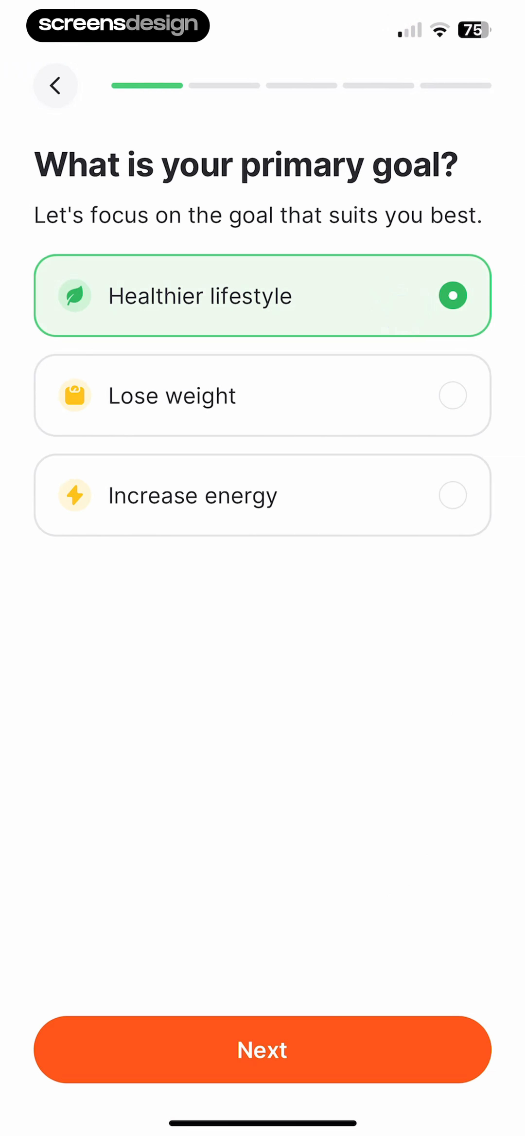 Fitself primary goal screen with three radio-card choices, Healthier lifestyle selected, and an orange Next button