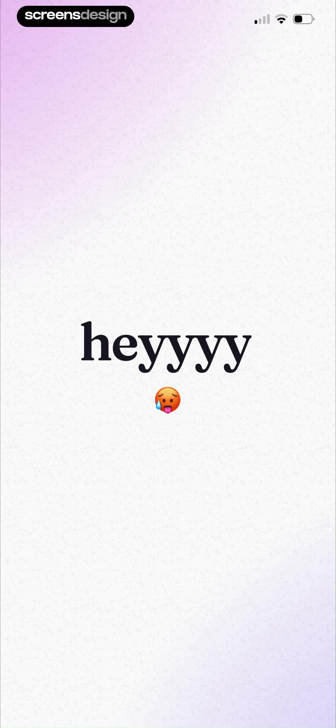 Heyyyy splash screen with a bold black serif wordmark, small expressive emoji, and pale lavender textured gradient