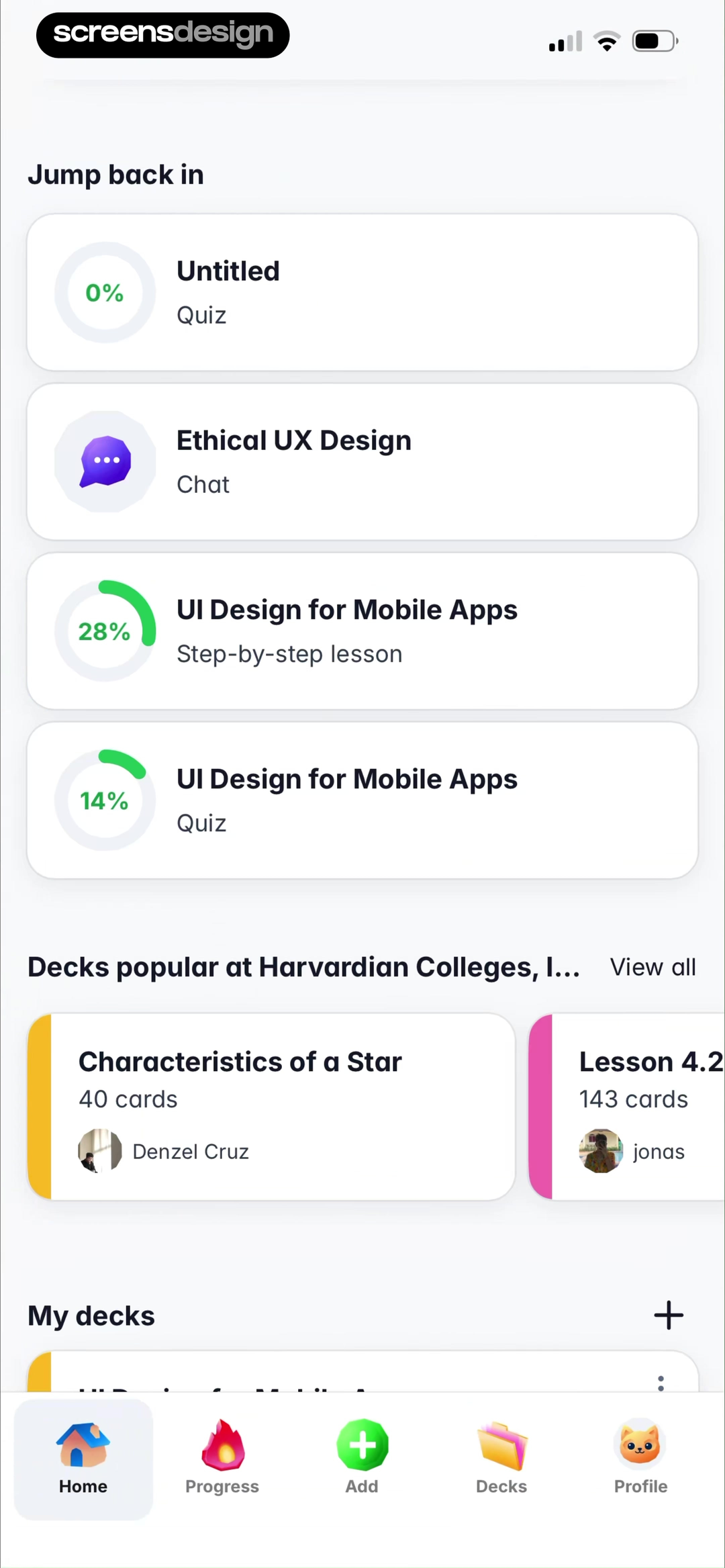 Gizmo home screen with Jump back in entries for a quiz, chat, and step-by-step lessons