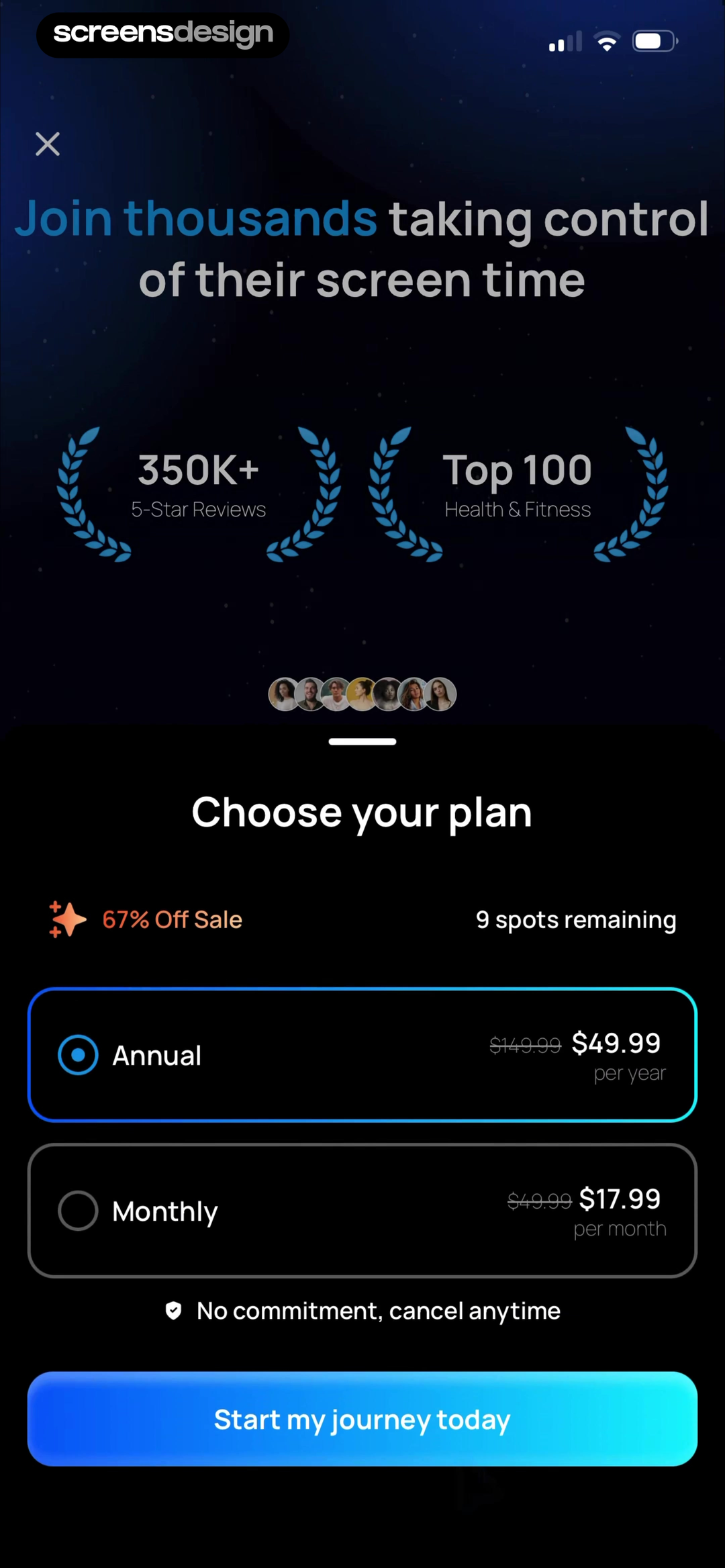 Pushscroll main paywall with social proof, annual and monthly pricing, sale message, and cancellation reassurance
