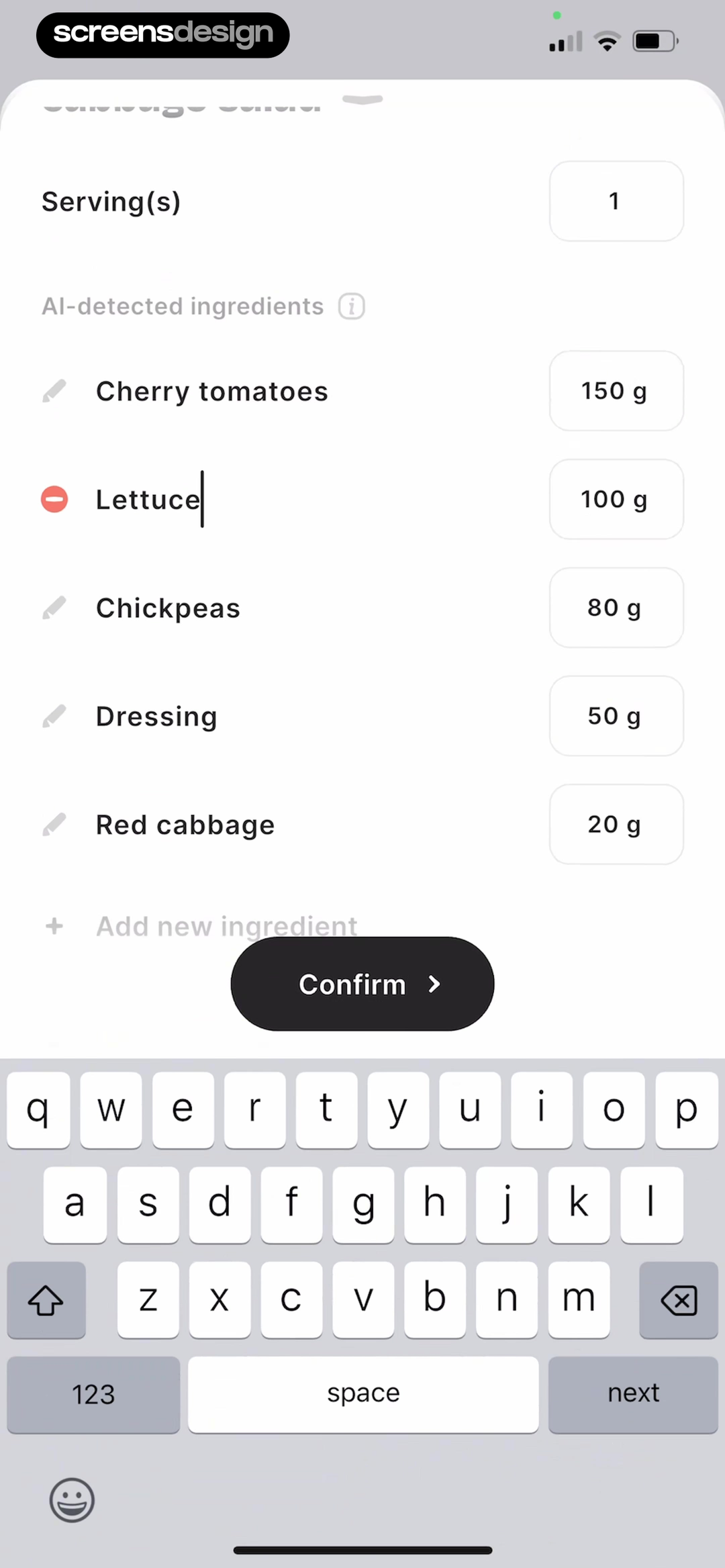 BitePal ingredient editor listing detected tomatoes, lettuce, chickpeas, dressing, and cabbage