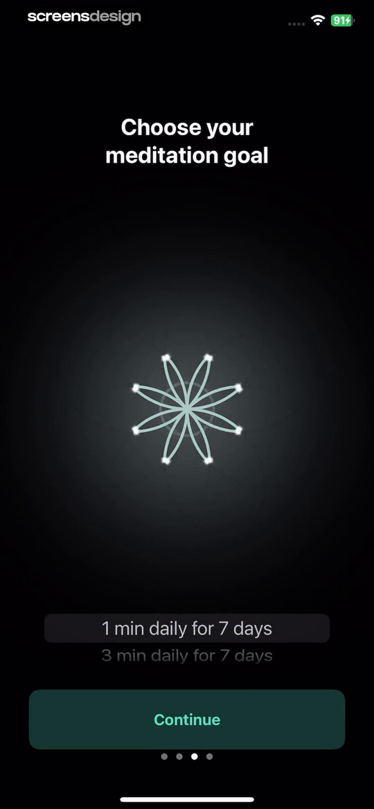 Meditate - Mindfulness app screen showing one-minute and three-minute daily commitments make the first seven-day goal concrete.