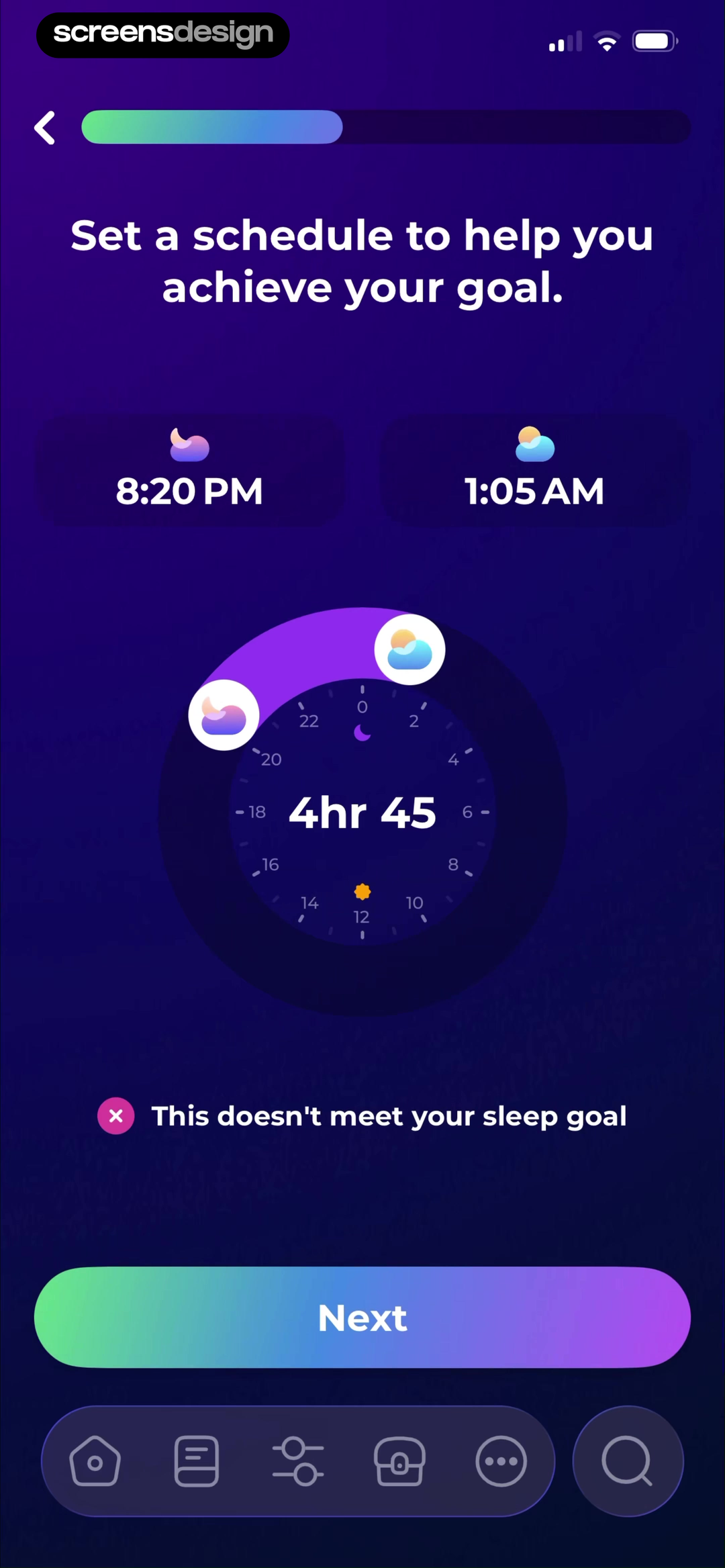 Sleepiest: Sleep Meditation screen showing bedtime, wake time, and calculated duration show immediately when the schedule misses the chosen sleep goal.