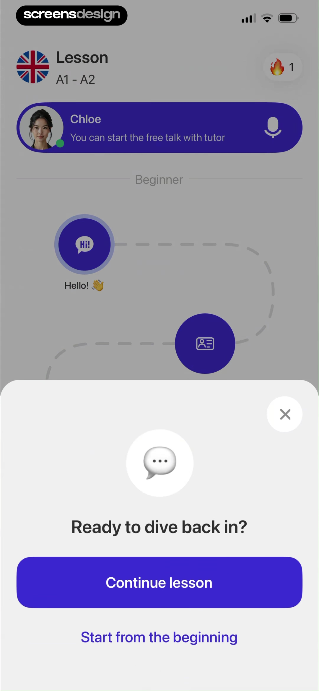 BetterSpeak screen showing the named beginner lesson offers Continue lesson and Start from the beginning after a welcome-back line