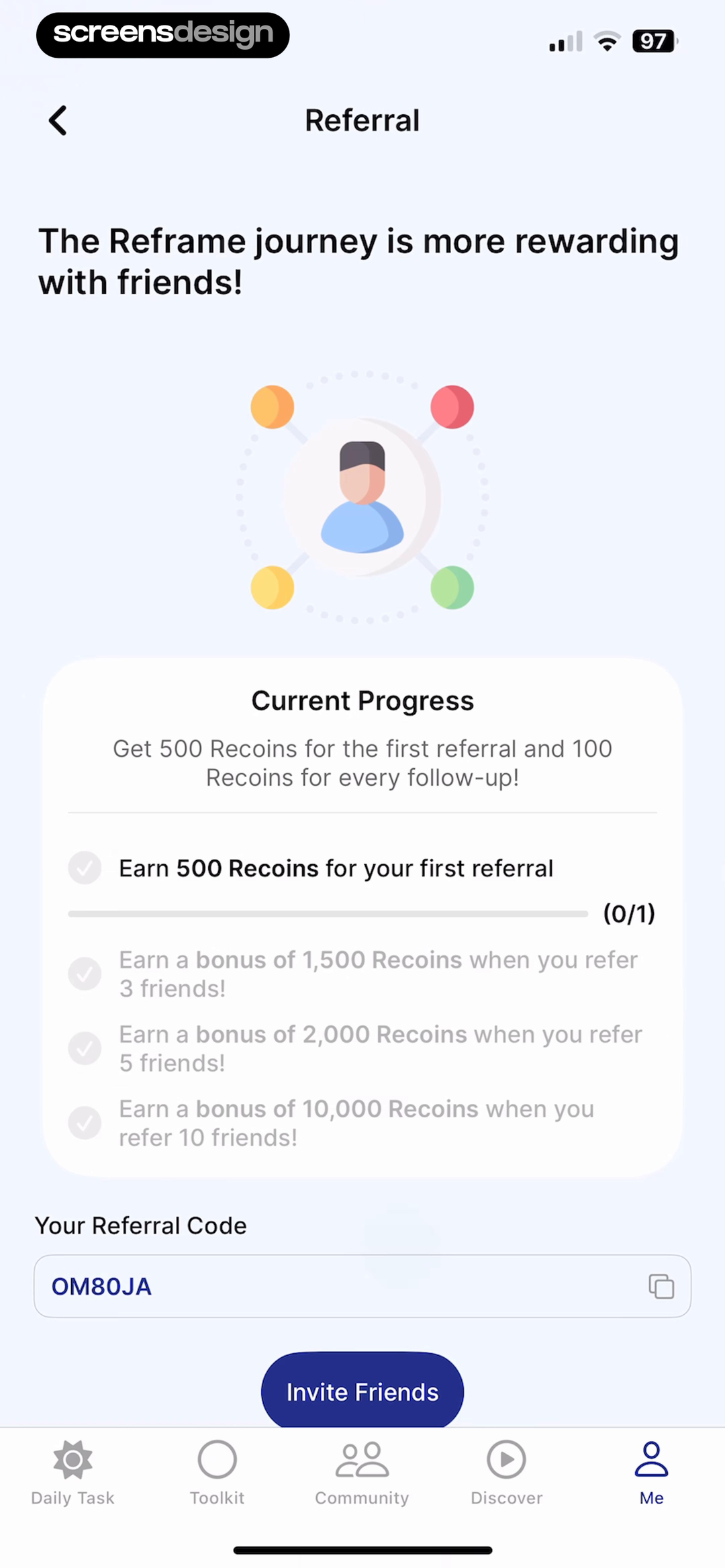 Reframe screen showing milestones for one, three, five, and ten referrals appear beside current progress