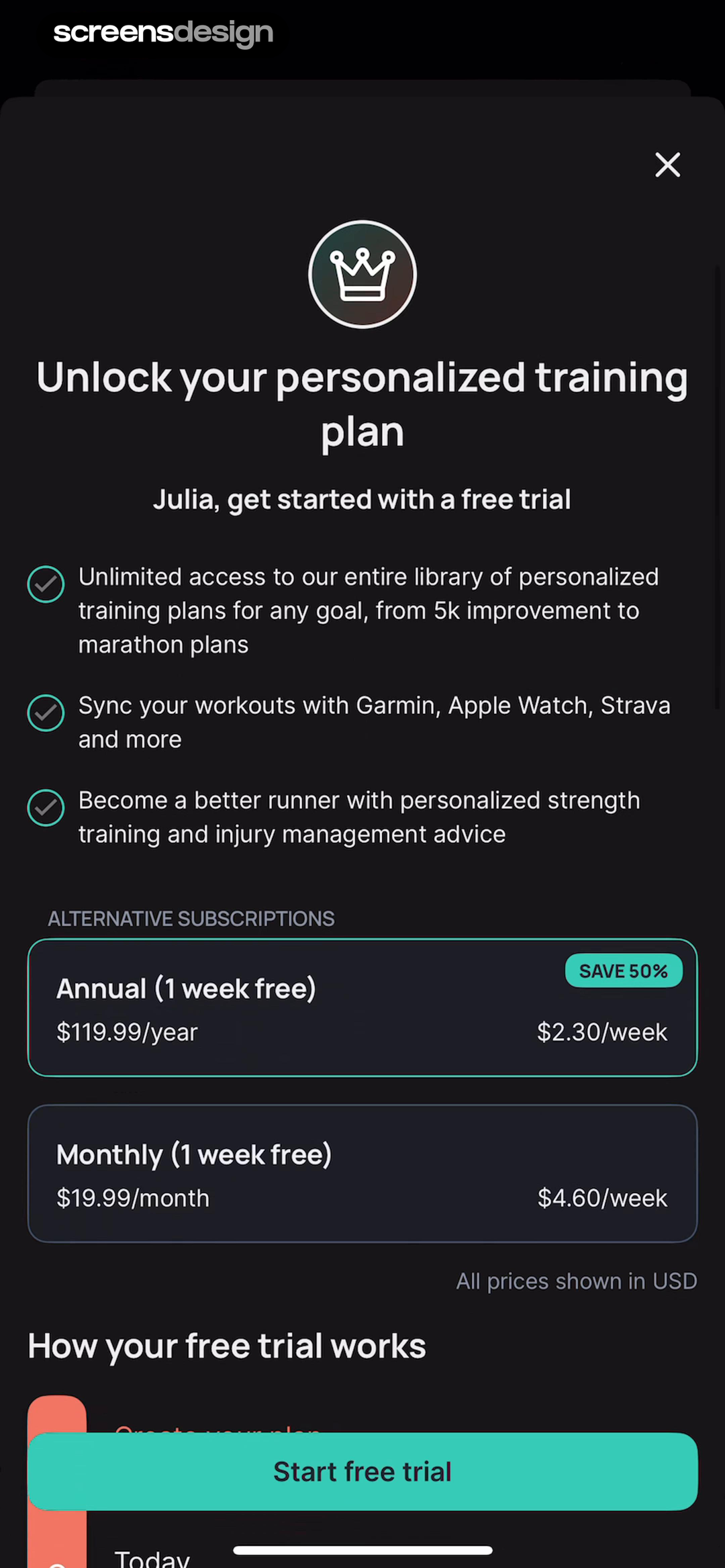 Runna paywall with personalized training benefits, annual and monthly plans, and a free trial button